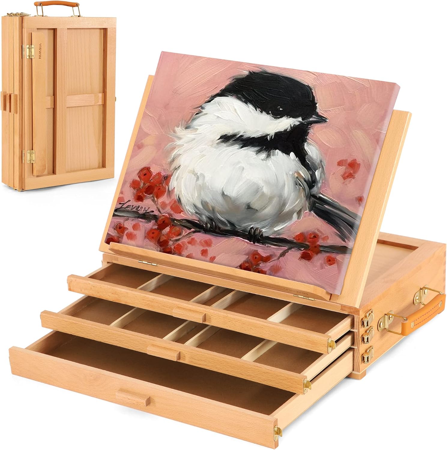 VISWIN Large Tabletop Easel with 3 Storage Drawers, Adjustable Beech Wood Table Top Easel for Painting, Portable Sketch Box for Art Supplies, Desktop Travel Art Easel for Adults, Artists, Students