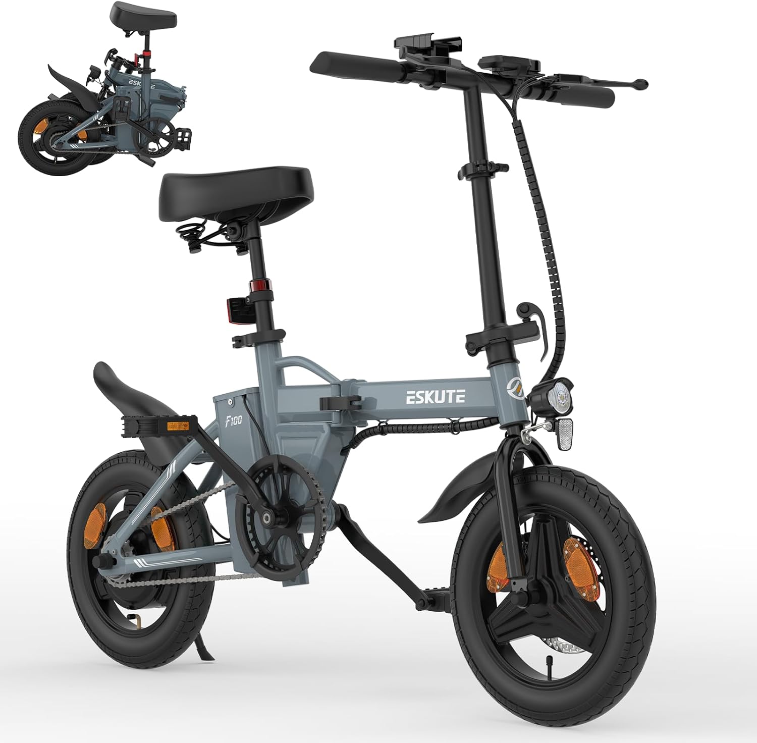 Eskute F100 Electric Folding Bike, 14" Electric Commuter Bicycle 36V 9Ah Battery, Range 35 Miles, Mini Folding Ebike with Phone Holder & USB Charging Port, LCD Display, Foldable Ebike for Teens/Adults