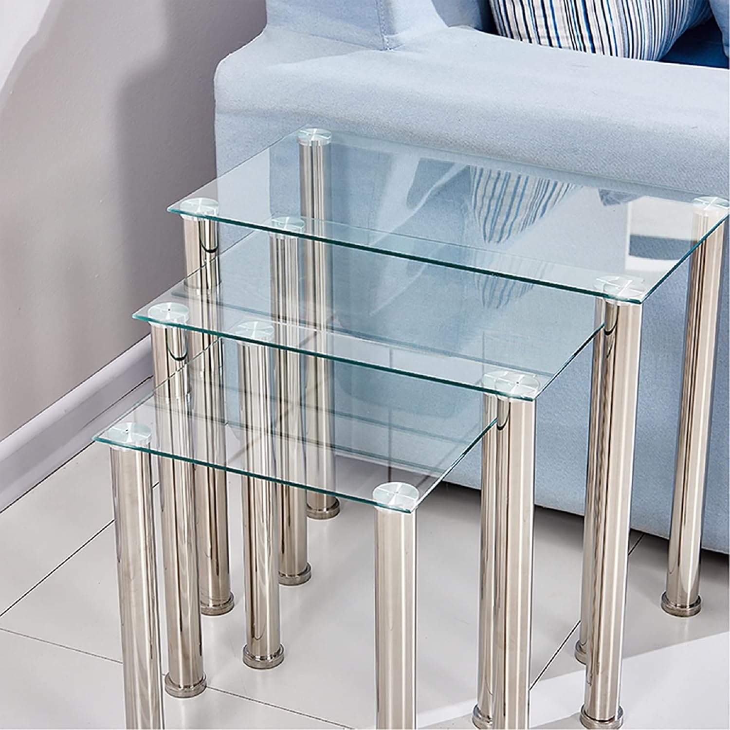 NICEME Glass Nest of Tables Set of 3, Rectangular End Table, Glass Coffee Table for Living Room (Clear)