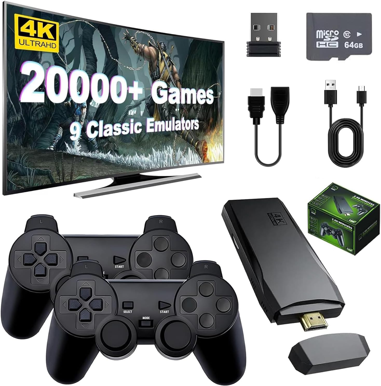 Wireless Retro Game Console, Nostalgia Stick Handheld Game Console with 20000+ Games 9 Emulators, 4K HDMI Output, 2.4g Wireless Controller Gamepad, Plug and Play Video Games for TV