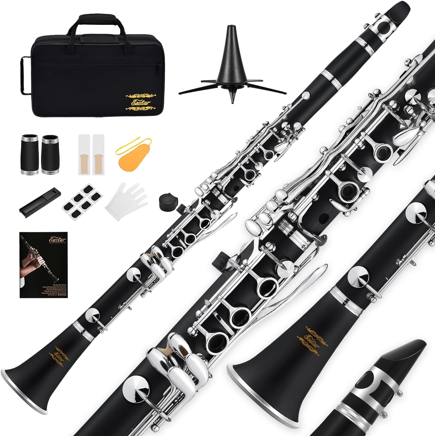 Eastar B Flat Ebonite Clarinet Beginner, Nickel, Hard Case Kit, ECL-300