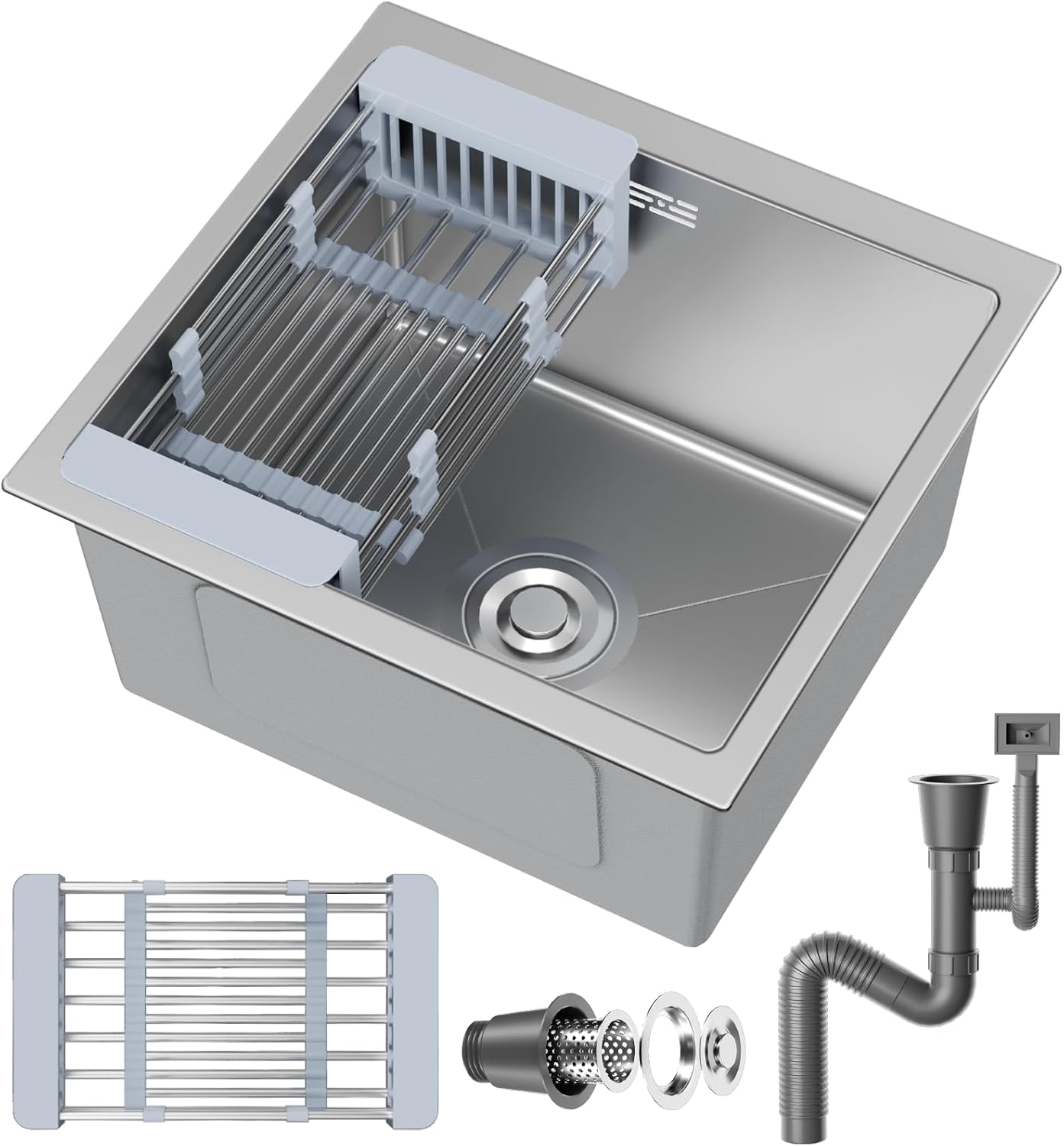 Stainless Steel Kitchen Sink,40 x 40cm,Inset Kitchen Sink,with Waste Kit,Drain Pipe,Pull-Out Drainer Basket,Suitable for Bathroom,Caravan Travelling