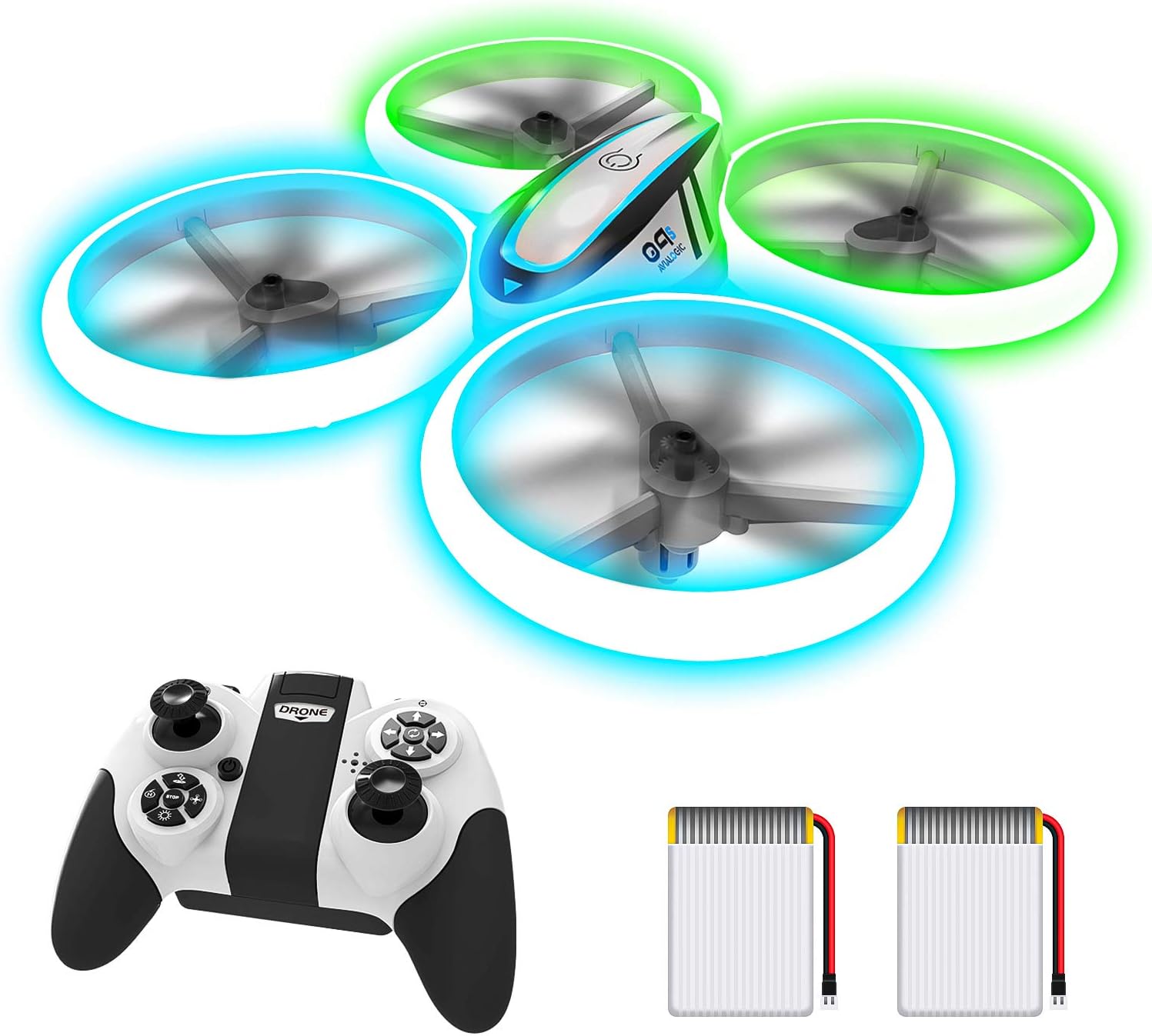 AVIALOGIC Q9 Drones for Kids,RC Drone with Altitude Hold and Headless Mode,Quadcopter with Blue & Green Lights,Propellers Full Protect and Double Batteries,Easy to fly Gift Toy for Boys and Girls