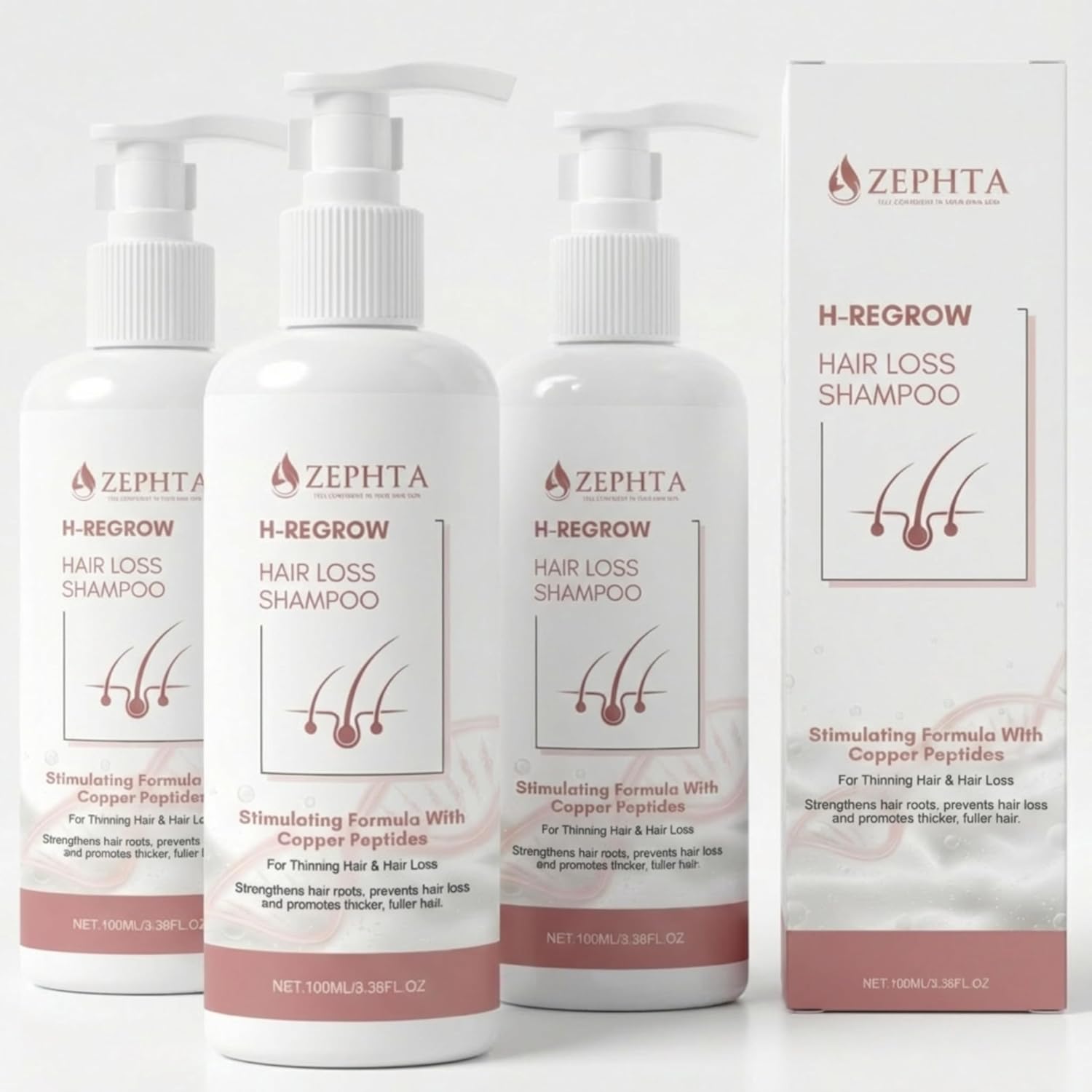 ZEPHTA® H-Regrow Hair Growth Shampoo - Hair Regrowth Treatment for Hair Loss - Promotes Hair Thickening & Scalp Cleansing - Copper Peptides Shampoo for Thinning Hair (3.38FL OZ) - 3 Pack
