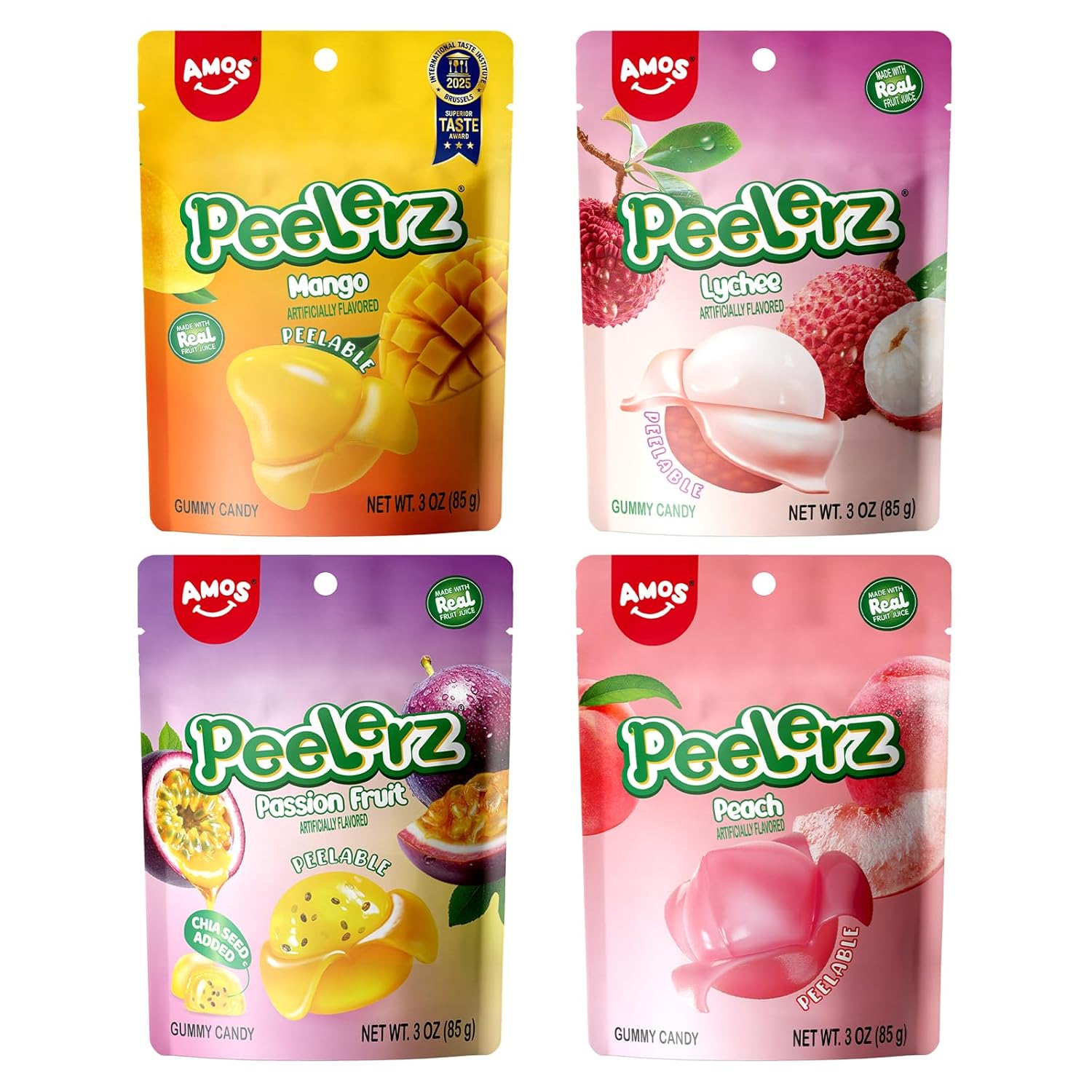 AMOS Peelerz Assorted Peelable Gummy Candy – Lychee, Mango, Peach, Passion Fruit | 4 Resealable Pouches (85g Each) | Fun, Chewy, Made with Real Fruit Juice + 1 Pack 65g Burst Candy