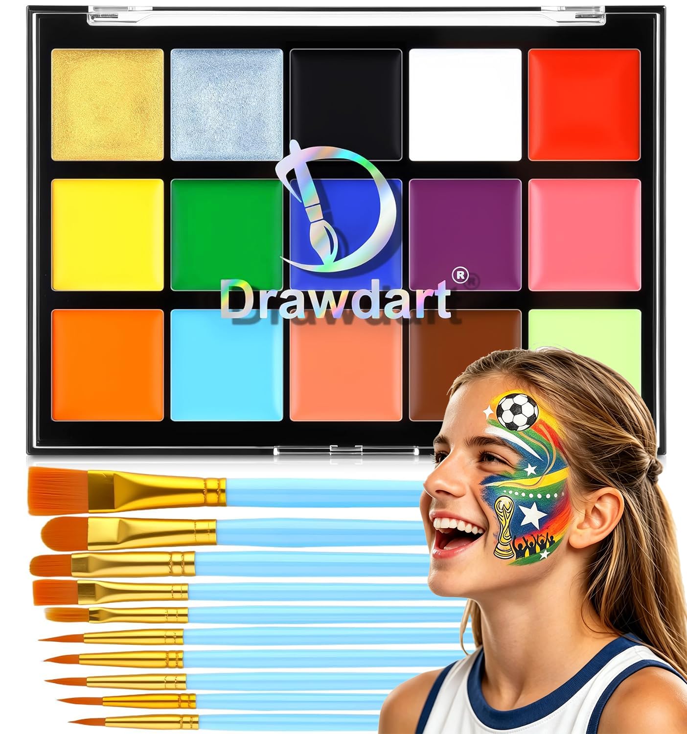 Drawdart Face Body Paint Kit, 15 Colors Palette with 10 Artist Brushes, Facepaint Makeup Kit for Soccer Tournaments & Game Day Fans, Halloween SFX Cosplay Costume Parties