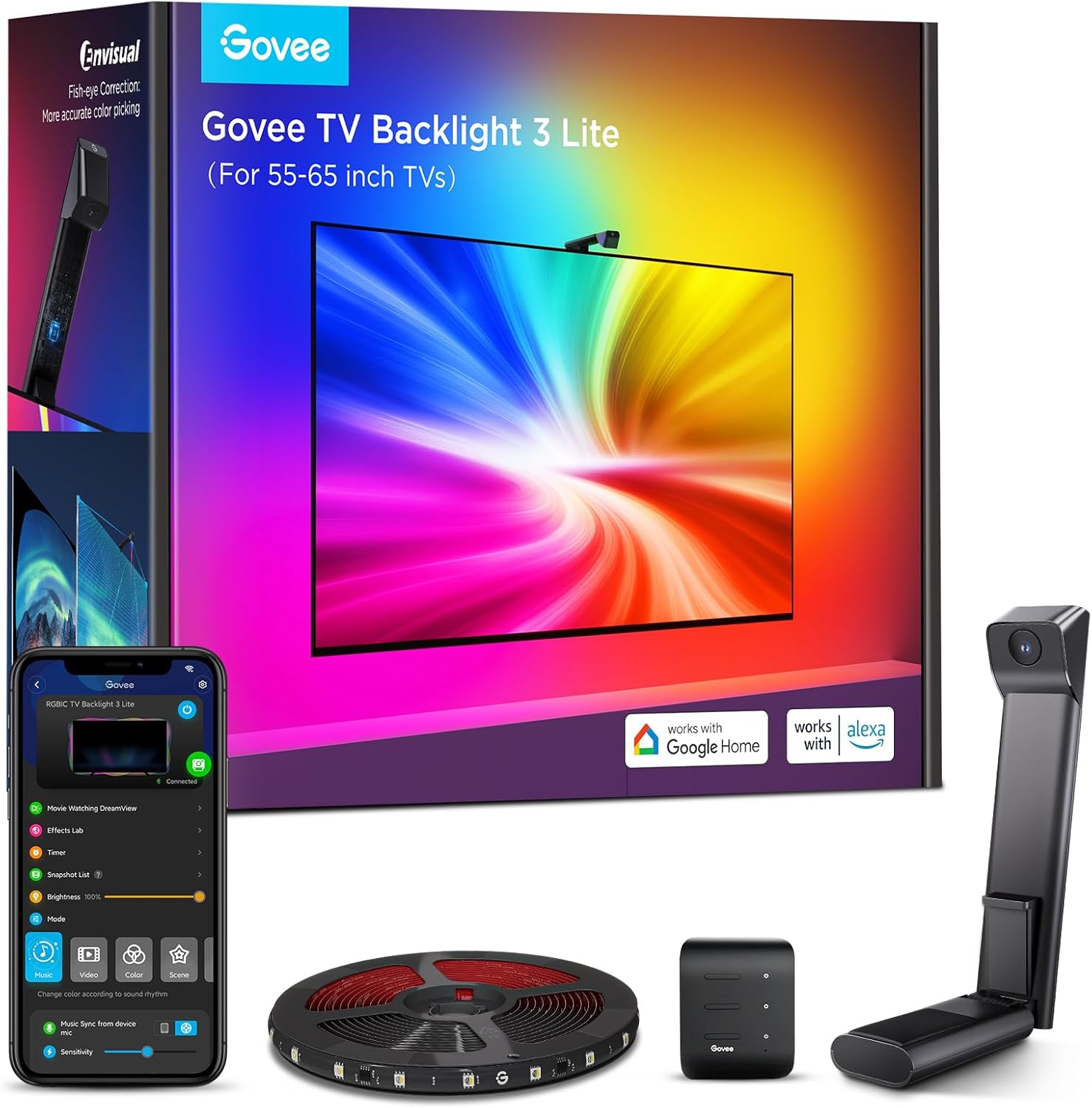 Govee TV Backlight 3 Lite with Fish-Eye Correction Function Sync to 55-65 Inch TVs, 3.6m RGBICW Wi-Fi TV LED Backlight with Camera, 4 Colours in 1 Lamp Bead, Voice and APP Control, Adapter