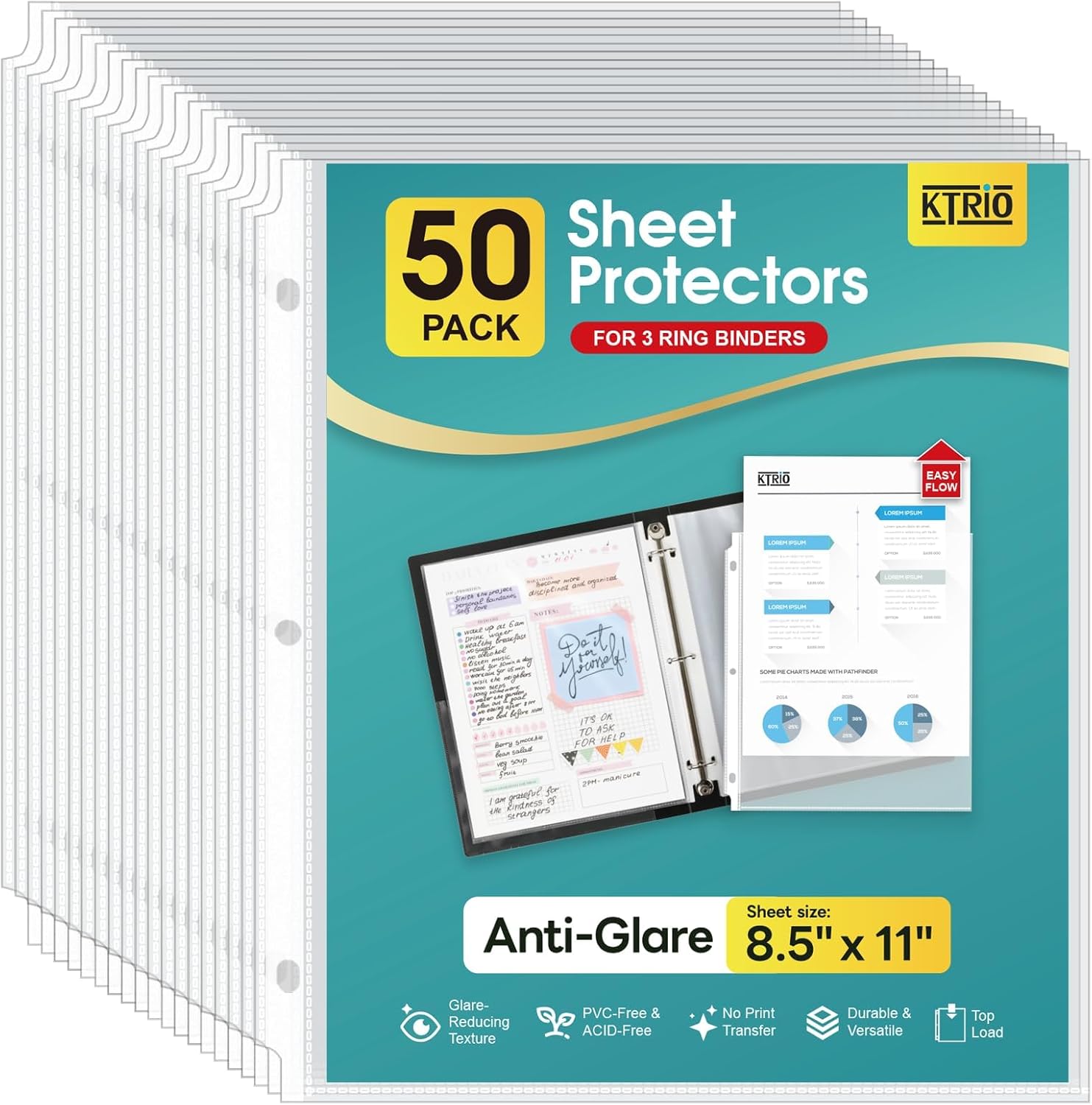 KTRIO Non Glare Sheet Protectors 8.5 x 11 inch 50 Pack, Clear Page Protector for 3 Ring Binder, Plastic Sleeves for Binders, Top Loading Paper Sheets Document Sleeve Letter Size, Office & Home