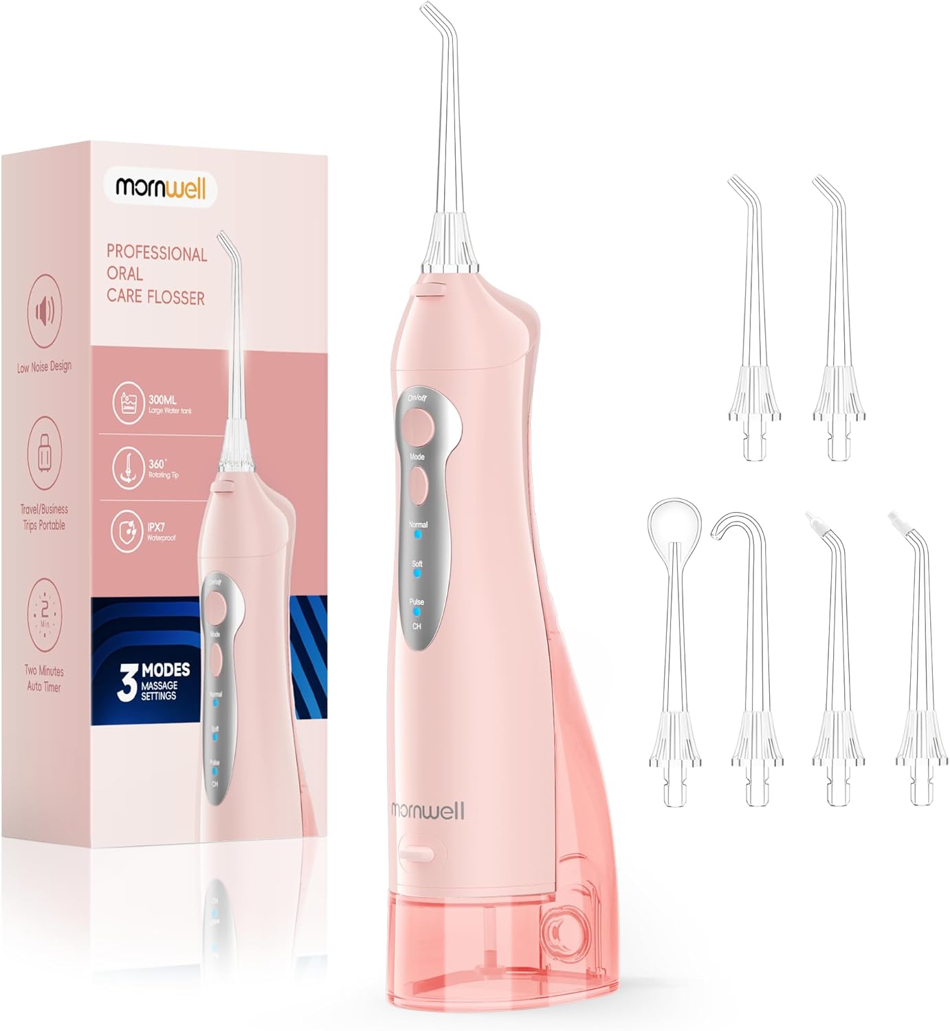 Mornwell Water Flosser Cordless for Teeth - 300ML Tank and 4 Jet Tips, 3 Modes Portable Dental Oral Irrigator, Braces Care, Rechargeable Waterproof, Pink