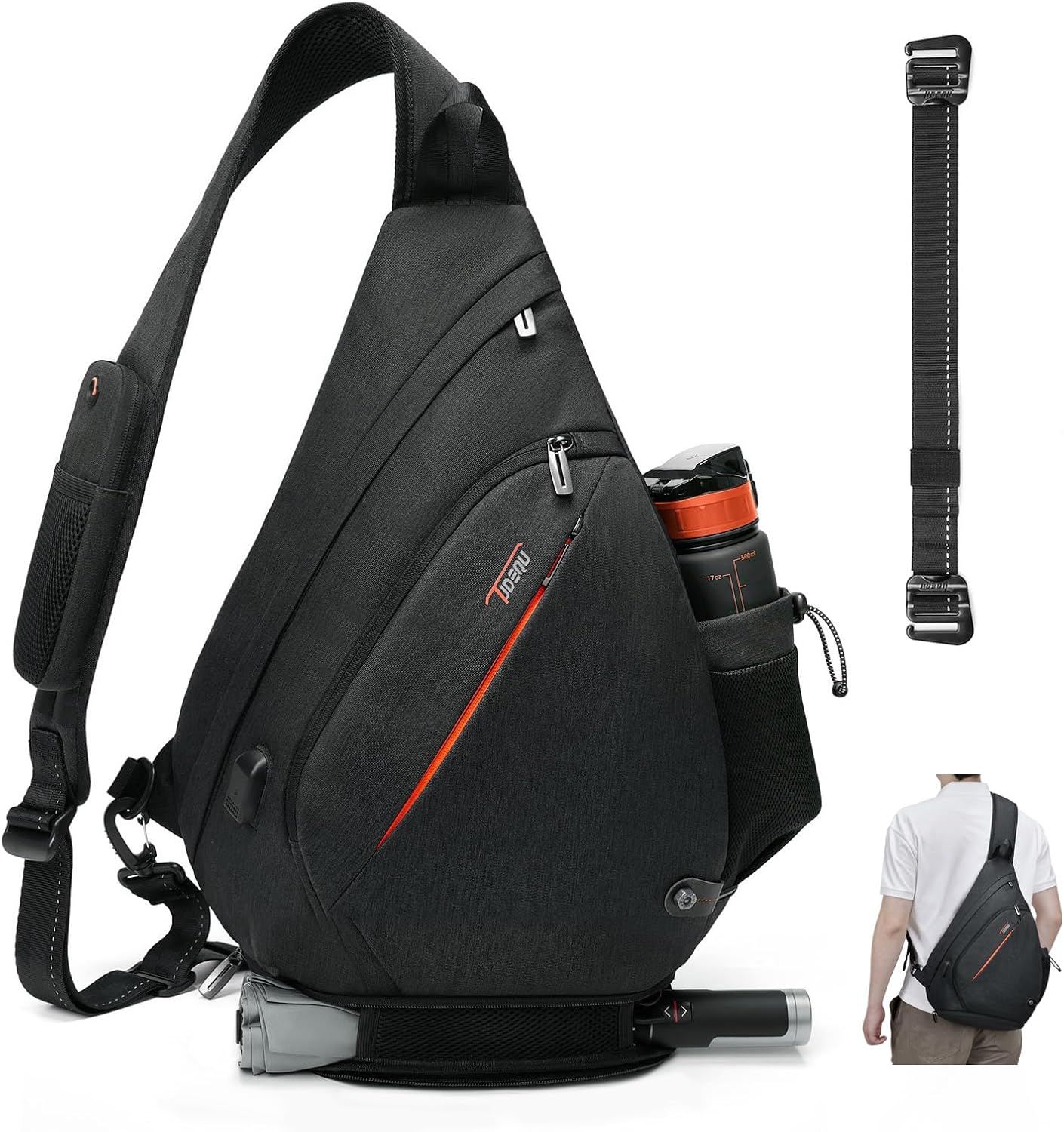 TUDEQU Sling Bags for Men,8 Pockets One Shoulder Backpack Large 19L,Crossbody,Single Strap,Black,Travel,Hiking,Women