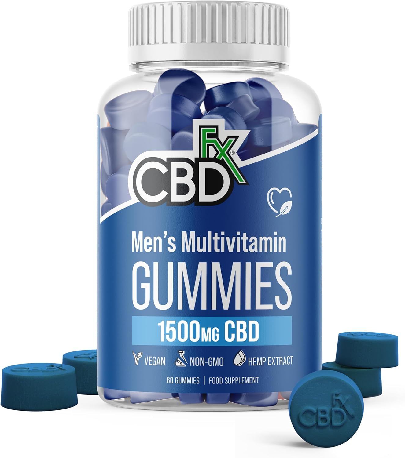 CBDfx 1500mg CBD High Strength Men's Multivitamin Gummies, Vitamins A, C, D3, E, B6, B12, Zinc, Biotin, Iodine, 60 Gummies (30 Days)