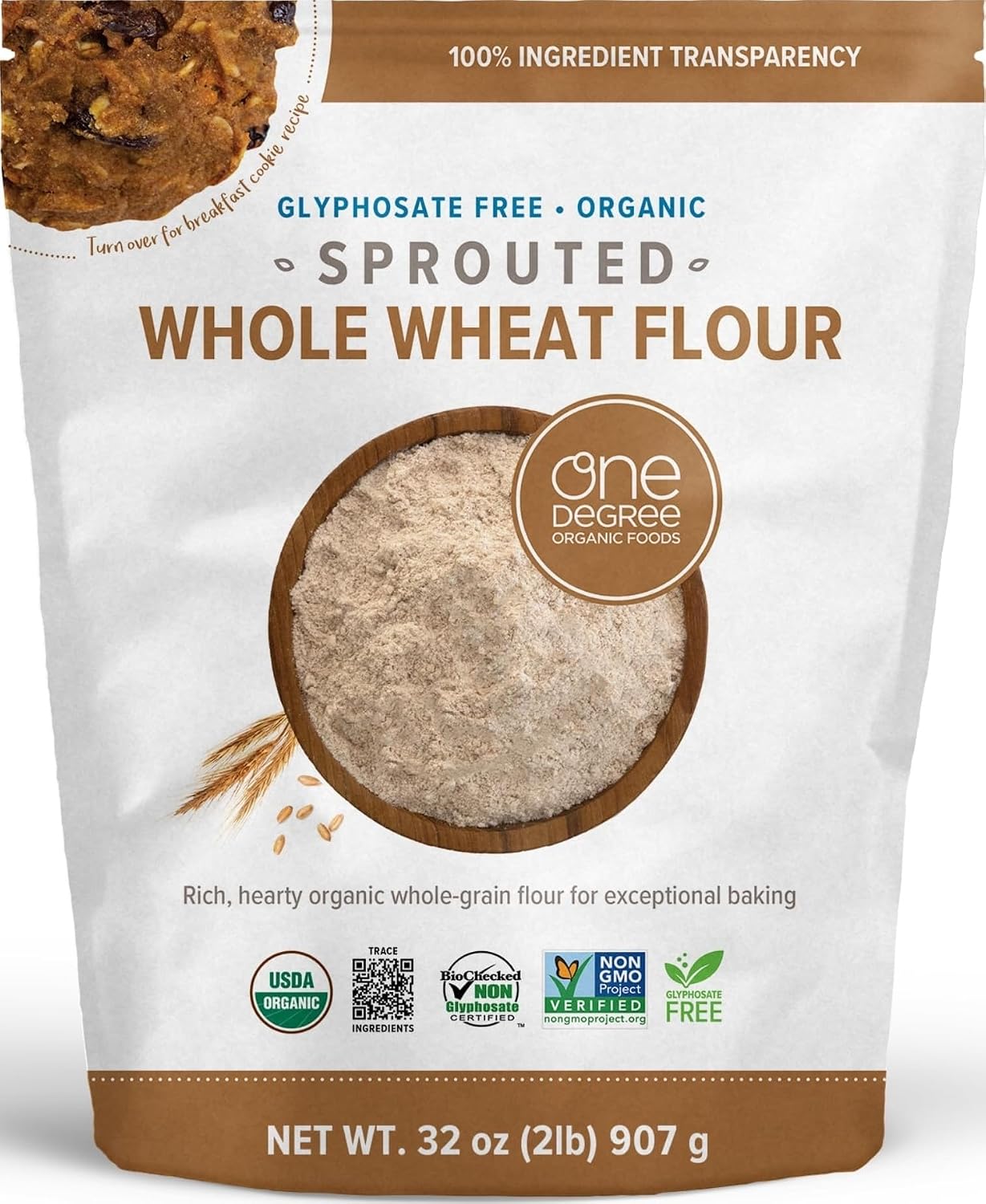 One Degree Organics Sprouted Whole Wheat Flour, 32oz | Whole Grain Baking Flour, Glyphosate-Free, USDA Organic, High Fiber, Non-GMO, Vegan, Kosher, White Flour Alternative