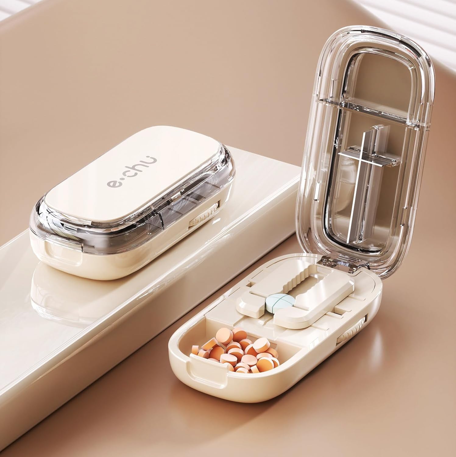 Tablet Splitter(Off-White with Brush Tweezers) Pill Cutter丨Pill Splitter,Tablet Splitter for Small or Large Pills Cut in Half, Cutting & Storage 2 in 1 Tablet Pill Dispenser for Pet