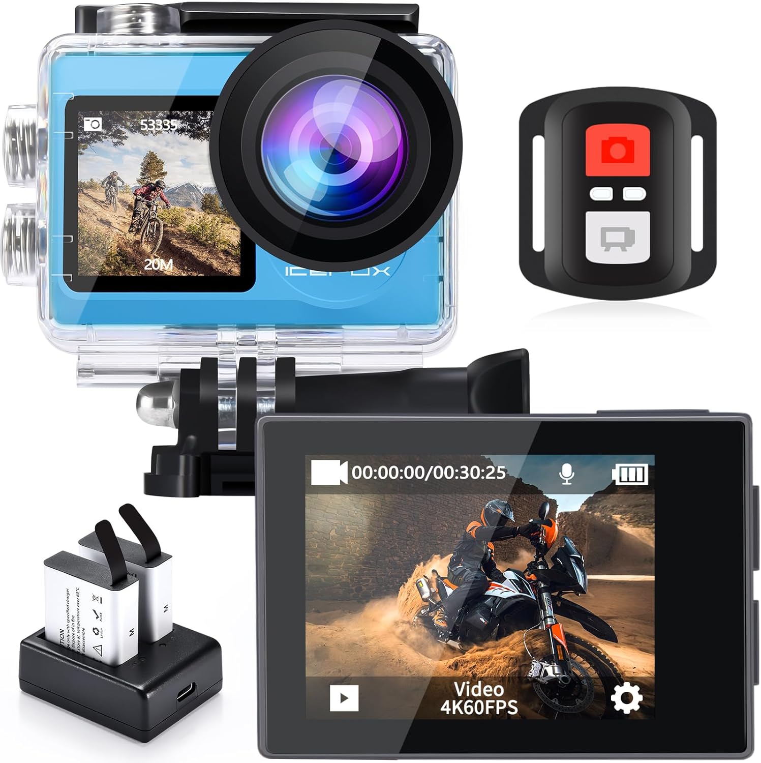 icefox Action Camera 4K 60FPS 20MP, Underwater with EIS,5XZoom,App Support Video&Photo Editing,Waterproof Camera WiFi Remote Control for Cycling, Swimming, and Diving