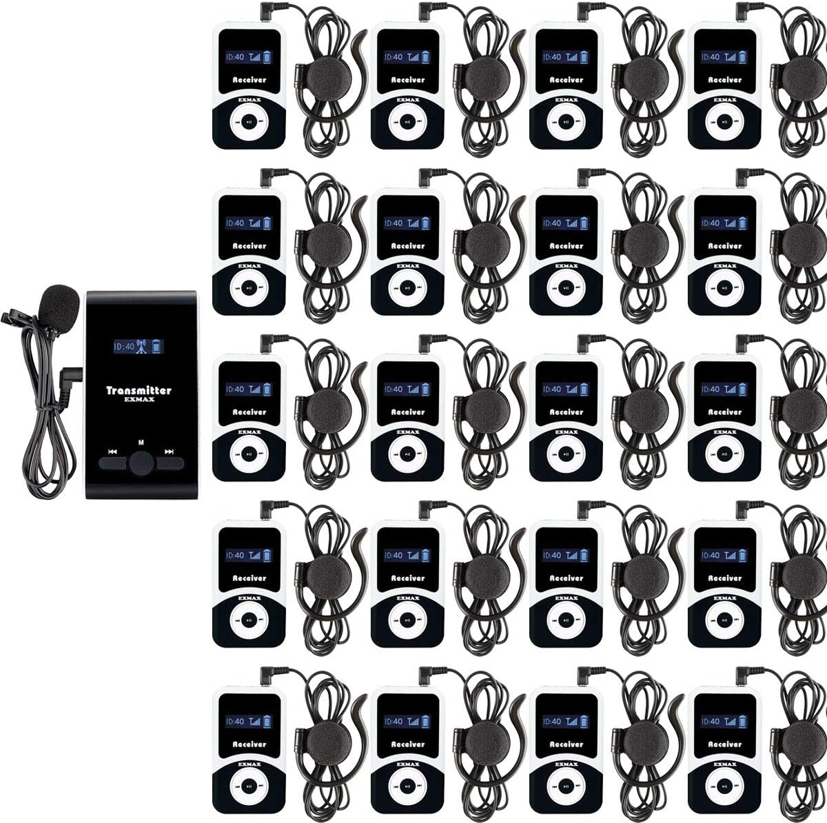 EXMAX ATG-100T 195MHz Wireless Tour Guide Microphone Interpreter Transmitter System Translation Equipment Simultaneous Interpreting for Church Churches Tours Travel(1 Transmitter 20 Receivers)