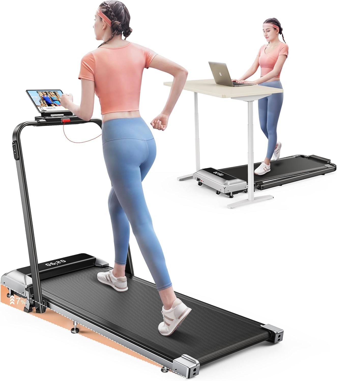 Walking Pad Under Desk Treadmill with Incline and Handle Bar, 2 in 1 Folding Treadmill for Home/Office Small, Portable Compact Treadmills with Remote Control, APP & LED Display
