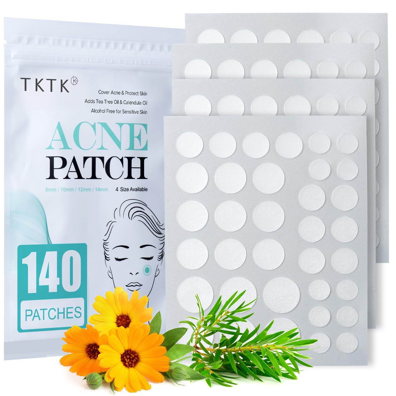 TKTK Pimple Patch for Face, Hydrocolloid Acne Absorbing Dots, 4 Sizes 140CT