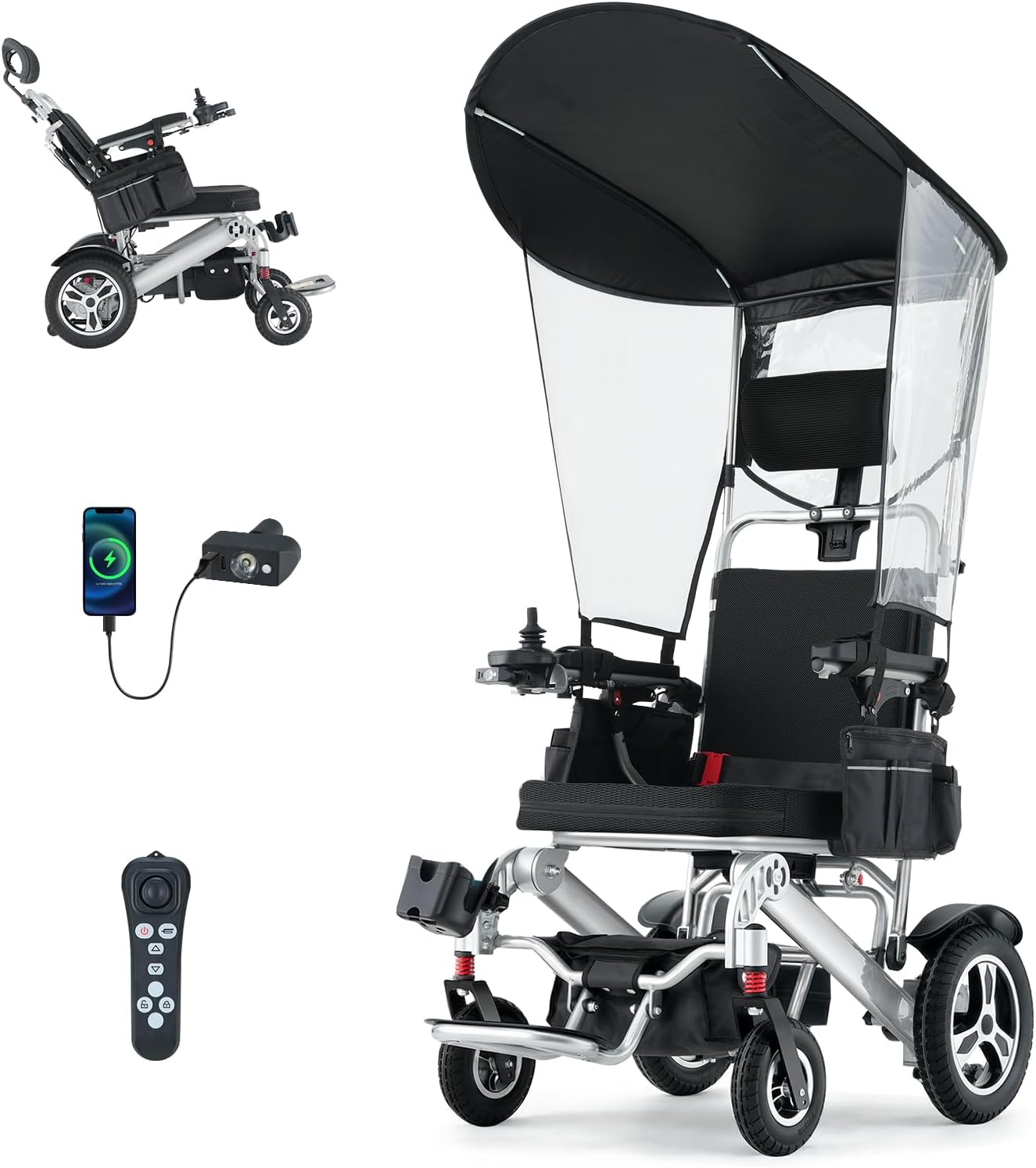 Electric Wheelchair for Adults,Lightweight Foldable Electric Wheelchair, Bluetooth Control & 100-130°Adjustable Seat, with Sunshade,2*300W Brushless Motor, Up to 30 Mile,2*12AH Li-Battery(Red)