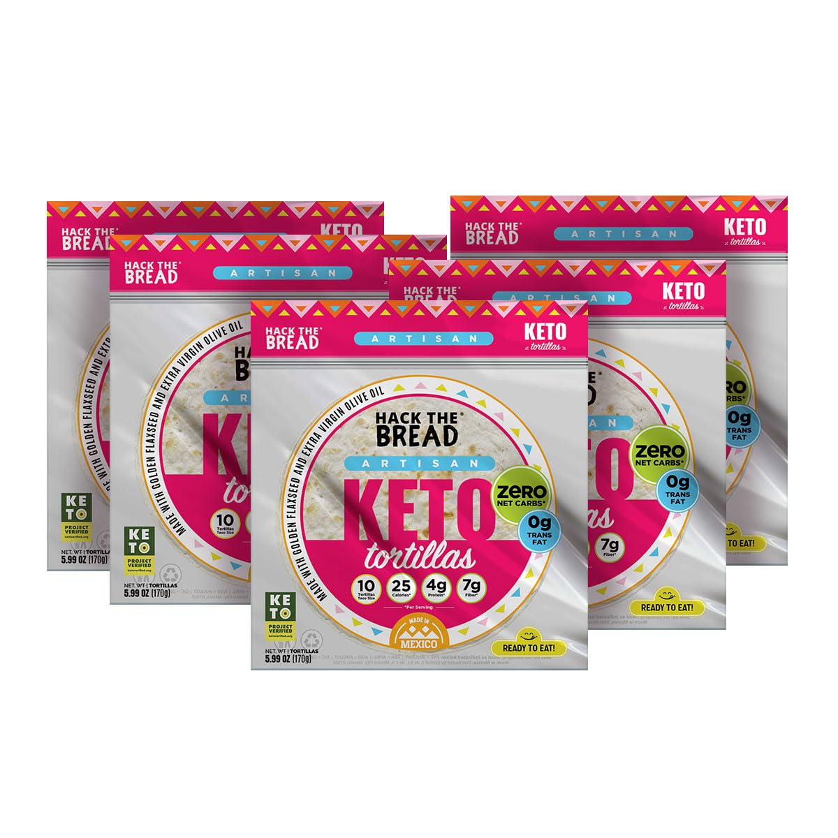 Hack The Bread® Keto Tortillas, Zero Carb, Sugar Free - 25 Calories, 4g Protein, 7g Fiber - 5 Pack - Made in Mexico