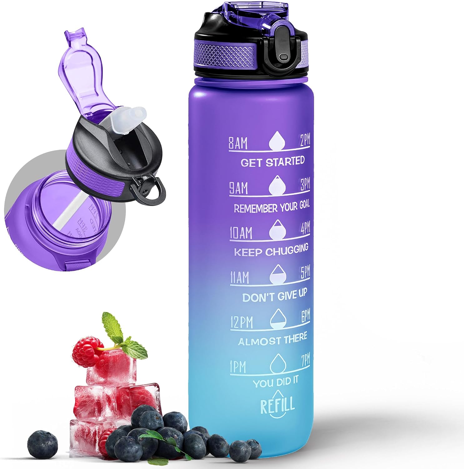 Water Bottle 1000ml Sports Water Bottle with Motivational Time Marker & Straw, Dishwasher Safe Leak-proof Drink Bottle BPA Free Non-Toxic Tritan Material 1 Click Open for Running Gym