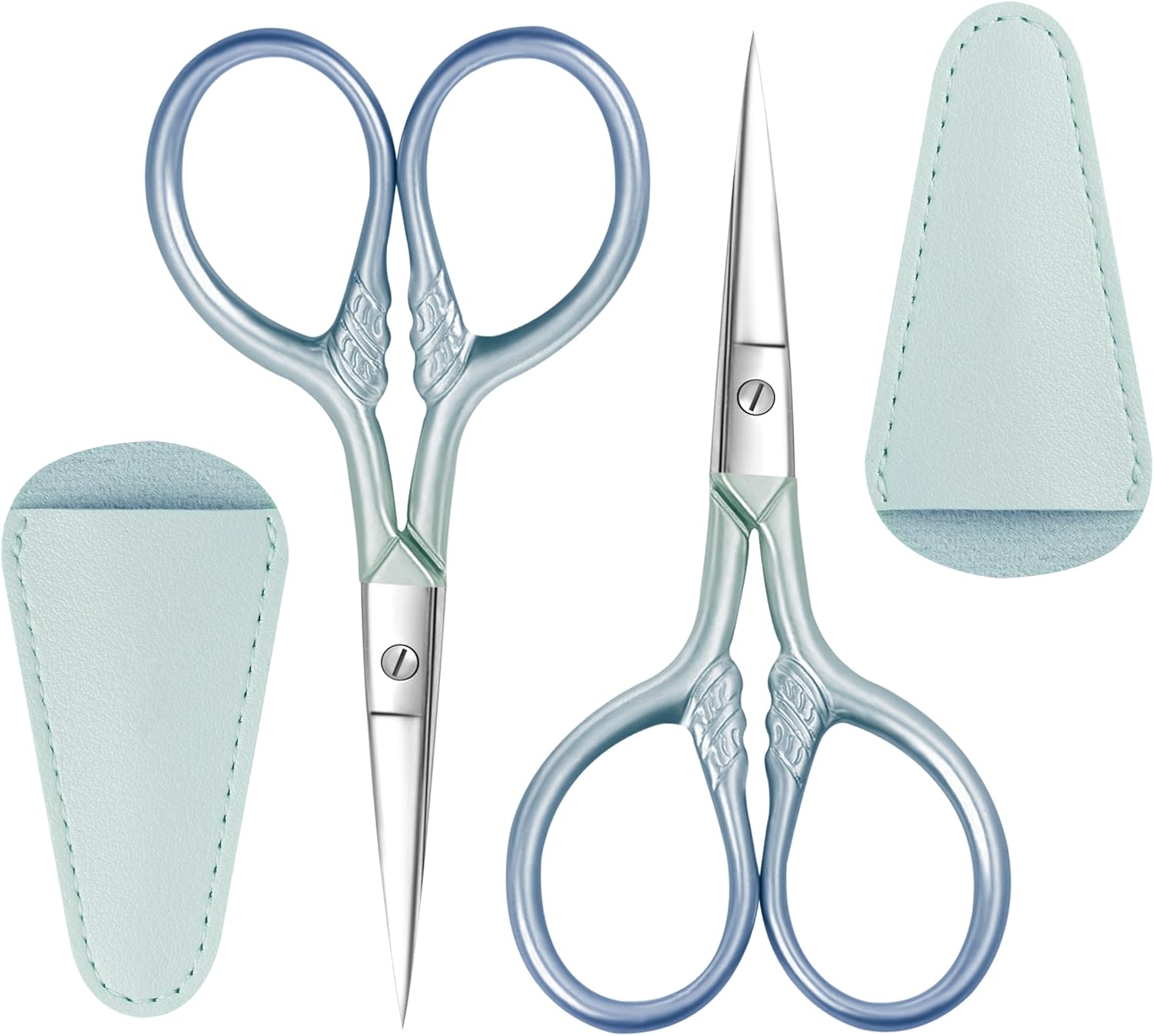 2 Pcs Eyebrow Scissors for Women, Professional Grooming Mini Scissors with Stainless Steel Straight Tip, 3.5 Inch Pink Small Scissors, Beauty Kit for Personal Care with PU Case, Gradient Blue
