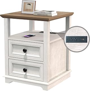 End Table with Fast USB C Charging Station, 24” Tall Sofa Side Table with 2 Drawers, Large Storage Rustic Wood Square Storage Cabinet for Living Room,Bedroom,Office, White