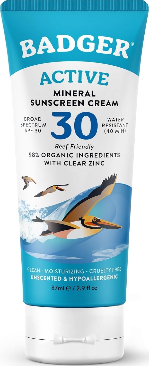 Badger Active Mineral Sunscreen Cream SPF 30 | Broad Spectrum UVA & UVB Protection | Gentle, Water Resistant Sun Cream for All Ages | Beach & Outdoor Use (87ml)