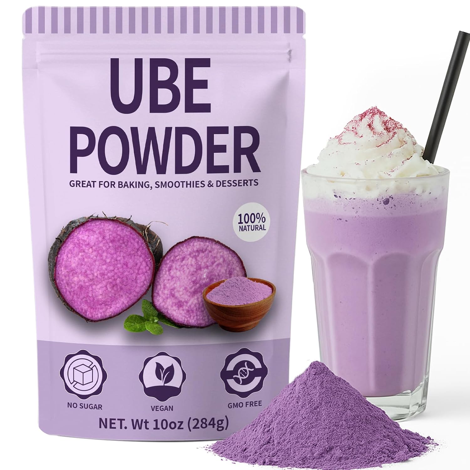 10oz Pure Natural Purple Ube Powder, Yam Powder for Baking, Purple Sweet Potato Food Color, No Sugar, Vegan & Sourced Superfood for Smoothies, Drinks & Desserts