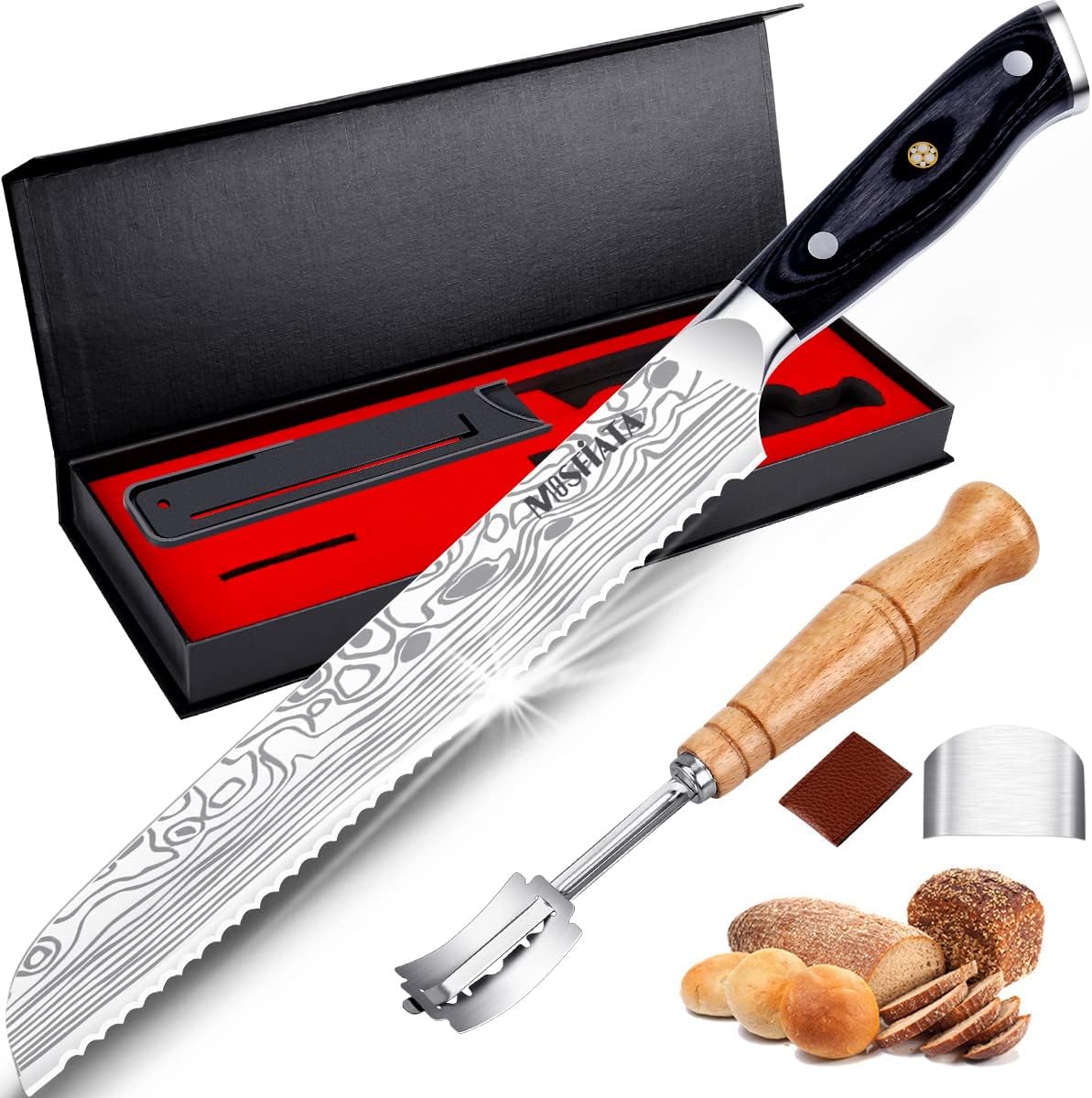 MOSFiATA Bread Knife 8” Ultra Sharp Serrated Knife, German High Carbon Stainless Steel EN1.4116 Bread Slicer with Bread Lame, Micarta Handle, For Bread, Cake, Bagels