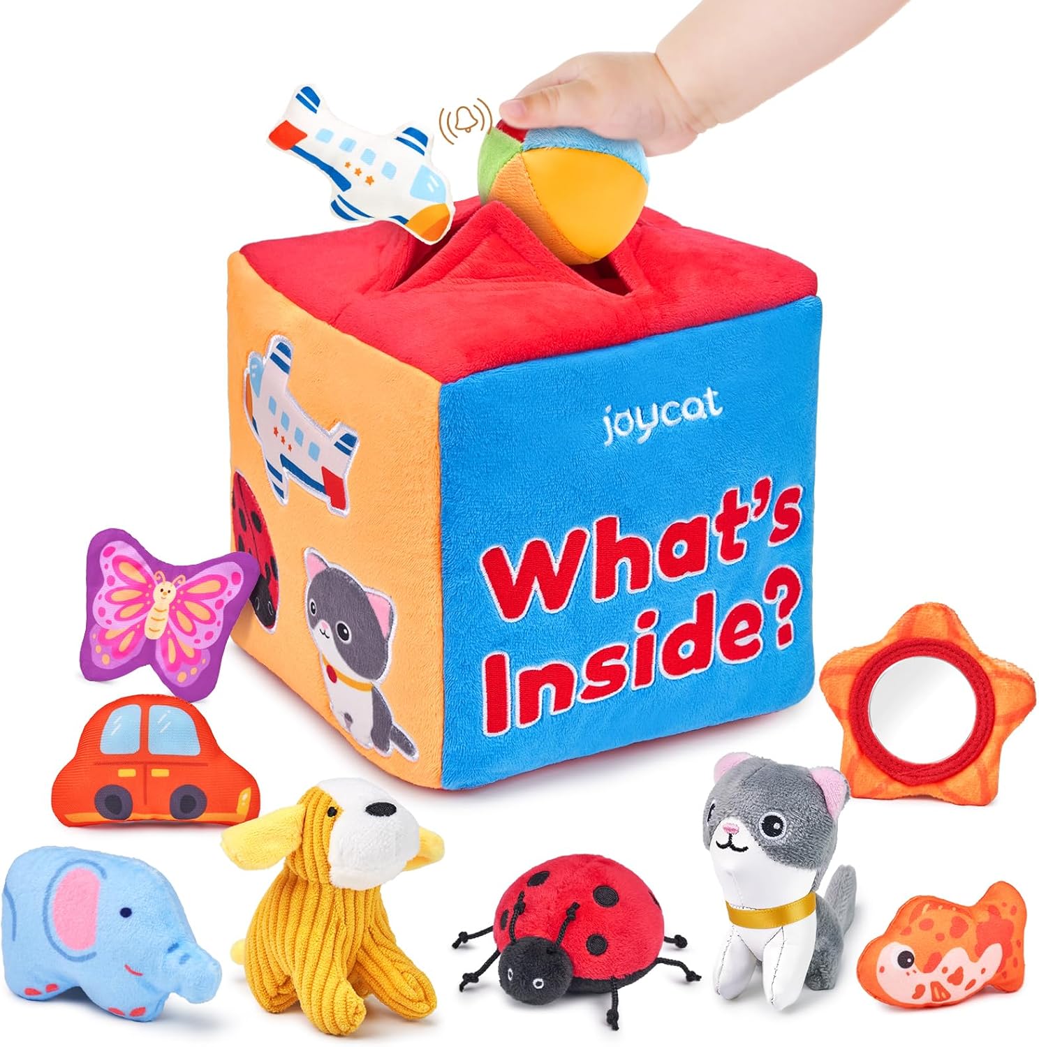 JoyCat Baby Toys 6-12 Months - Mystery Soft Box with 10 Sensory Objects, Rattle, Crinkle Paper, Mirror - What's Inside Box Infant Gifts, Busy Montessori Toys for Babies Toddlers 1-2 - Baby Gifts