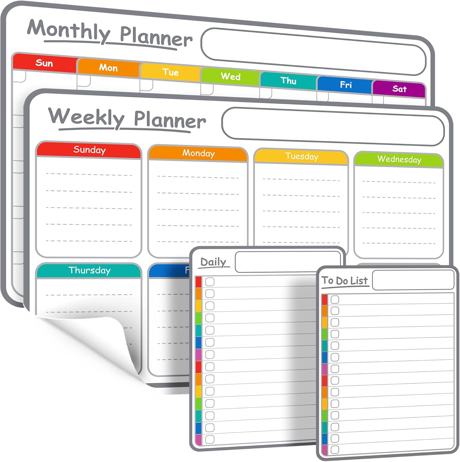 4-Pack Non-Magnetic Whiteboard Calendar Set – Monthly, Weekly, Daily, to-Do List Planner – Dry Erase Board for Fridge, Wall, Glass, Door – Family, Office, Classroom Schedule Organiser