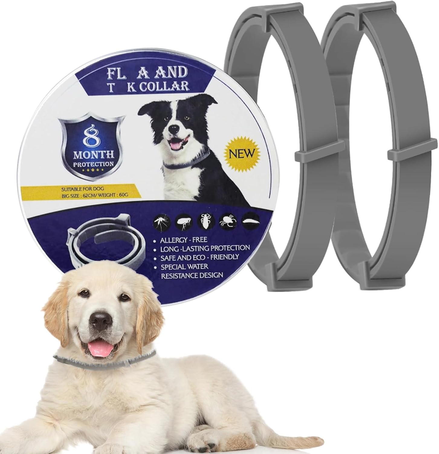 Dog Insect Repellent Collars - 2Pcs Safe Waterproof Adjustable Collar for Dogs to Prevent Infections, Containing Natural Essential Oils for Puppies Dogs over 7 Weeks, 16 Month Protection (Grey)