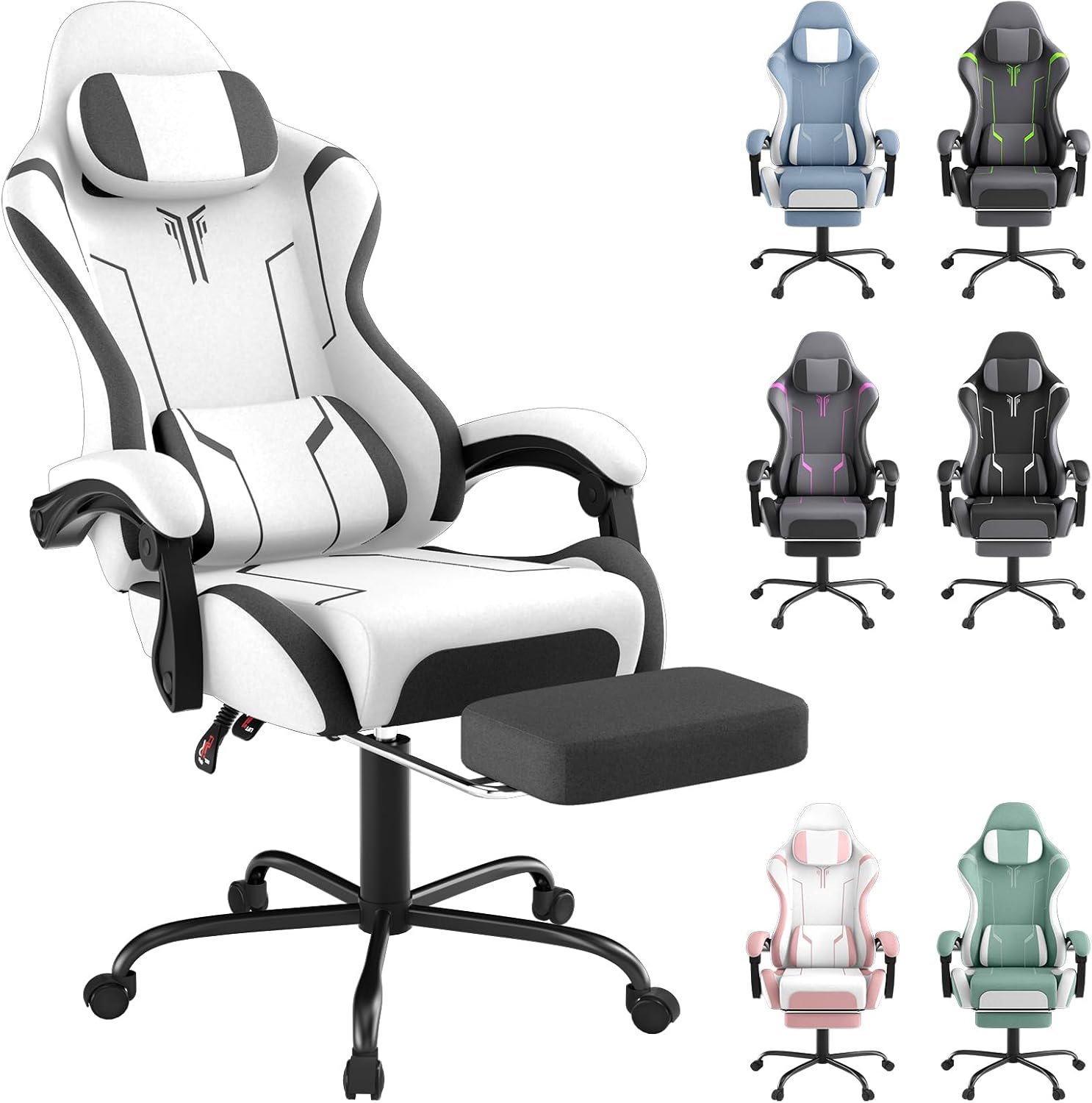 SAILUN Gaming Chair with Footrest & Massage, Ergonomic Computer Chair Reclining 90–155°, Adjustable Headrest & Lumbar Support, Padded Armrests, Gaming & Home Office Desk Chair, White