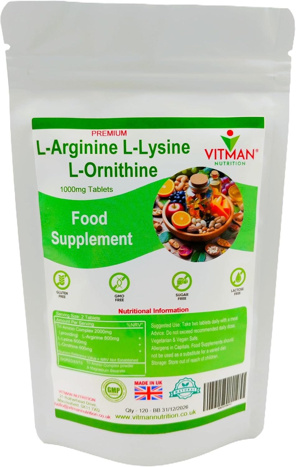 L-Arginine L-Lysine L-Ornithine Tablets - Synergistic Amino Acid Complex x 90 1000mg Bodybuilder Supplement Pills - Contributes Towards Increased Muscle Mass - Gym Supplement