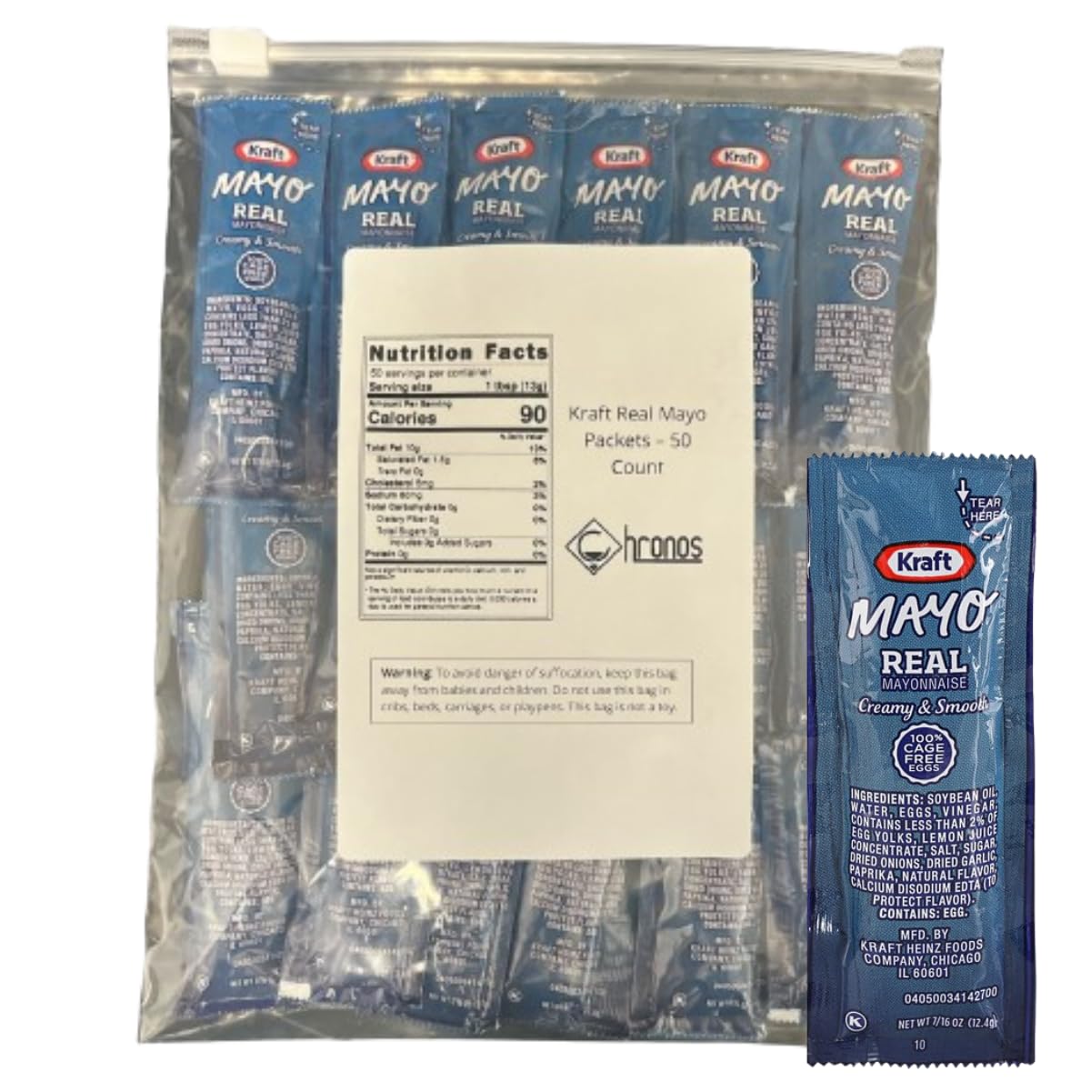 Mayo Packets 7/16 Oz – Assortment Gift - 50 Count Single Serve - Mayo Condiment Packs with 8 x 10 inch Chronos Food Safe Slide Seal Bag