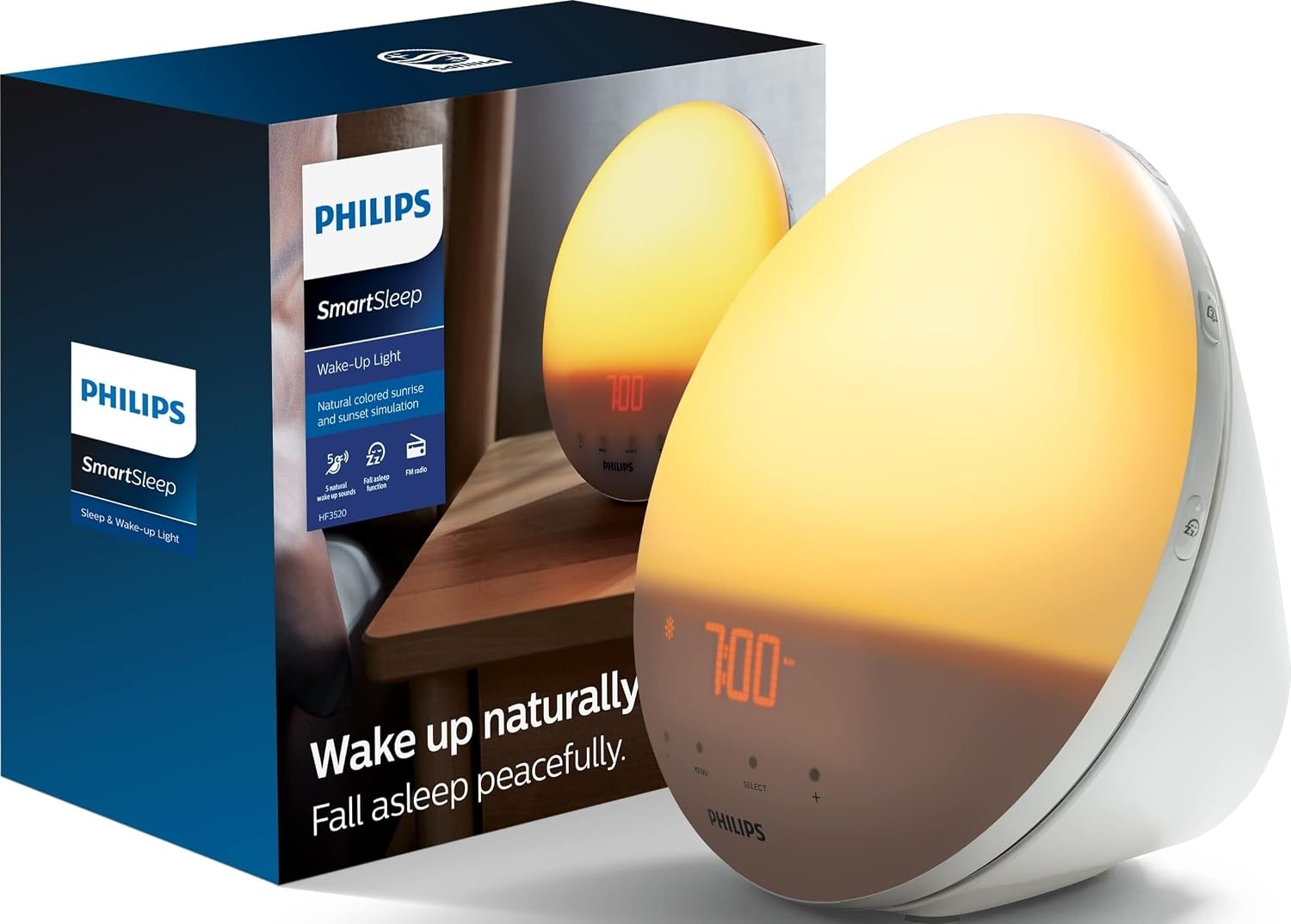 Philips SmartSleep Wake-up Light, Colored Sunrise and Sunset Simulation, 5 Natural Sounds, FM Radio & Reading Lamp, Tap Snooze, HF3520/60