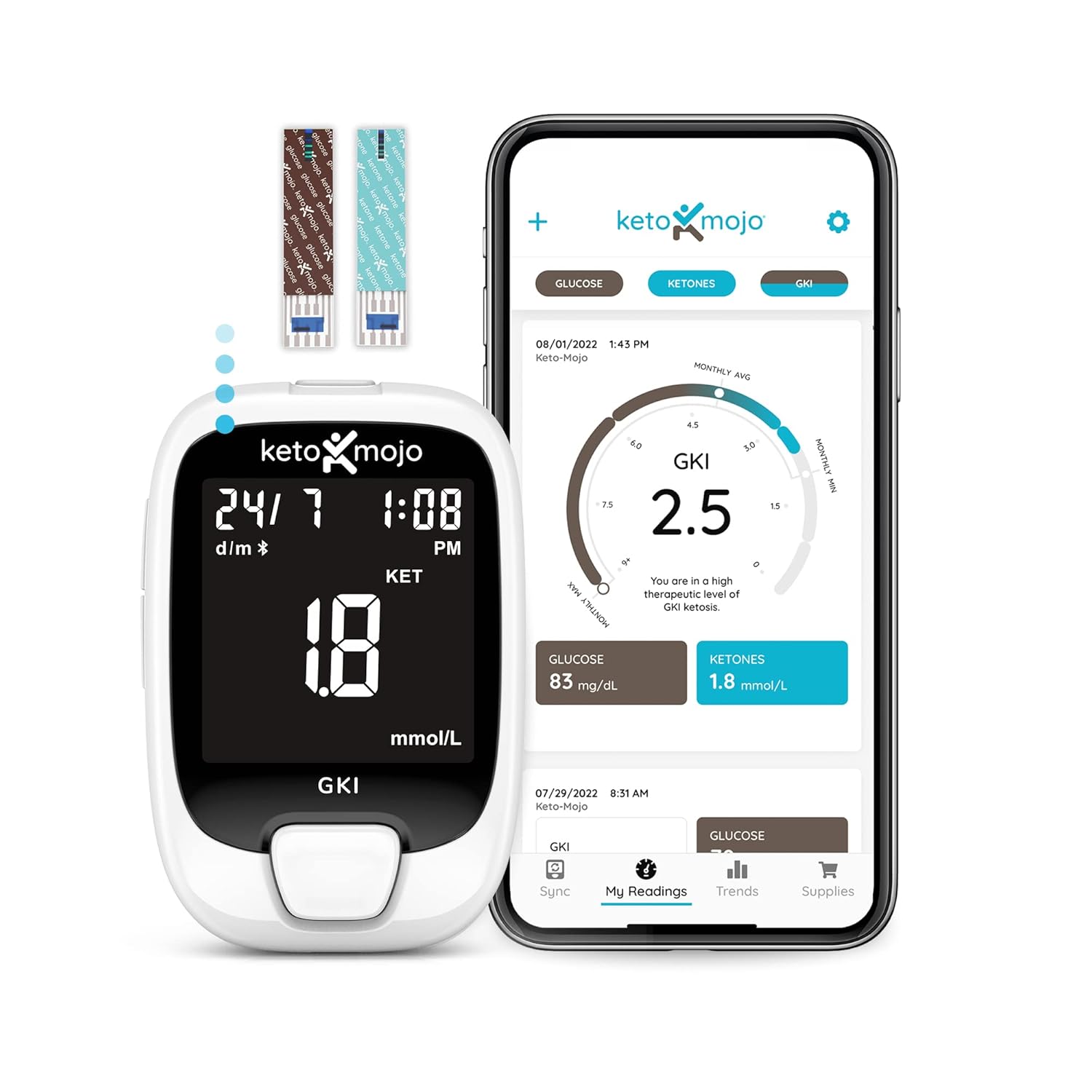KETO-MOJO GKI Bluetooth Glucose & Ketone Testing Kit (mmol/L) + Free APP for Ketosis & Diabetes Management. 20 Blood Test Strips (10 Each), Meter, 20 Lancets, Lancing Device, and Control Solutions