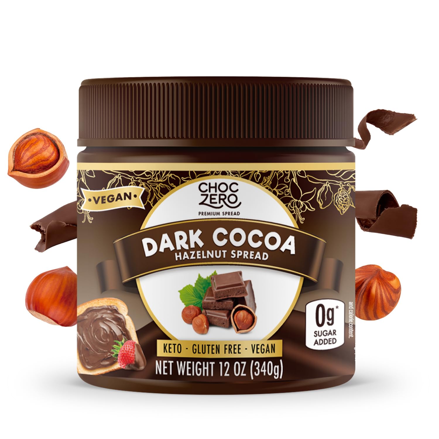 Vegan Cocoa Hazelnut Spread by ChocZero - Keto Friendly, Sugar Free Dessert and Keto Bread Topping - Low Carb Chocolate (1 jar, 12 oz)