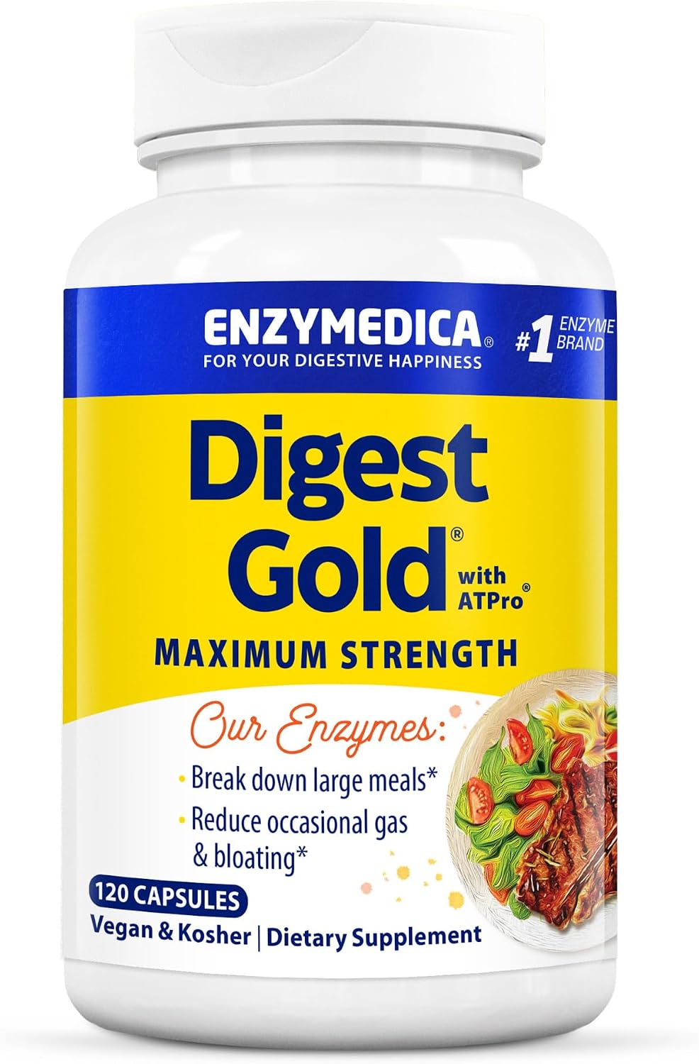 Enzymedica Digest Gold + ATPro, Maximum Strength Enzyme Formula, 14 Key Enzymes Including Amylase, Protease, Lipase and Lactase, 120 Capsules