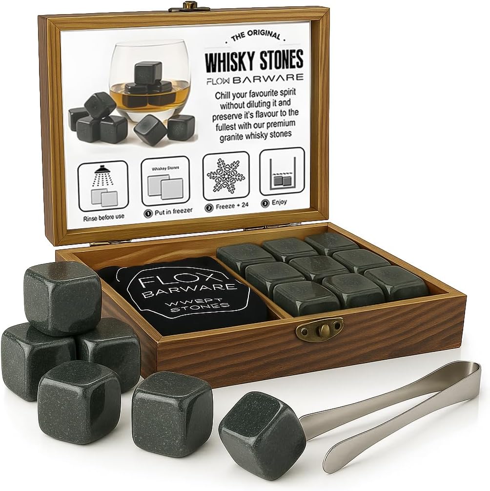 FLOW Barware Whisky Stones | 9 Polished Whiskey Stones Gift Set with Ice Tongs & Wooden Box | Whiskey Stone Gift for Dad, For Men or Father's Day | Granite Whisky Stone Cooling Cubes