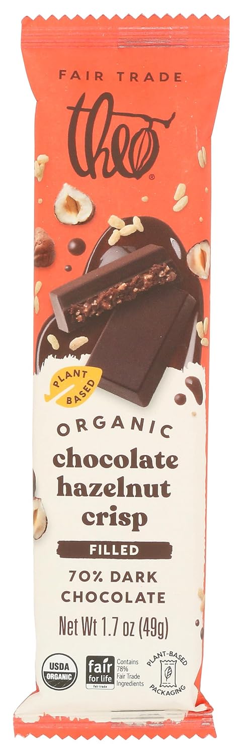 Theo Chocolate Organic Chocolate Hazelnut Crisp Filled 70% Dark Chocolate, Fair Trade, Vegan Friendly, Kosher, USDA Certified Organic, Non-GMO, 1.7 Ounce (Pack of 12)