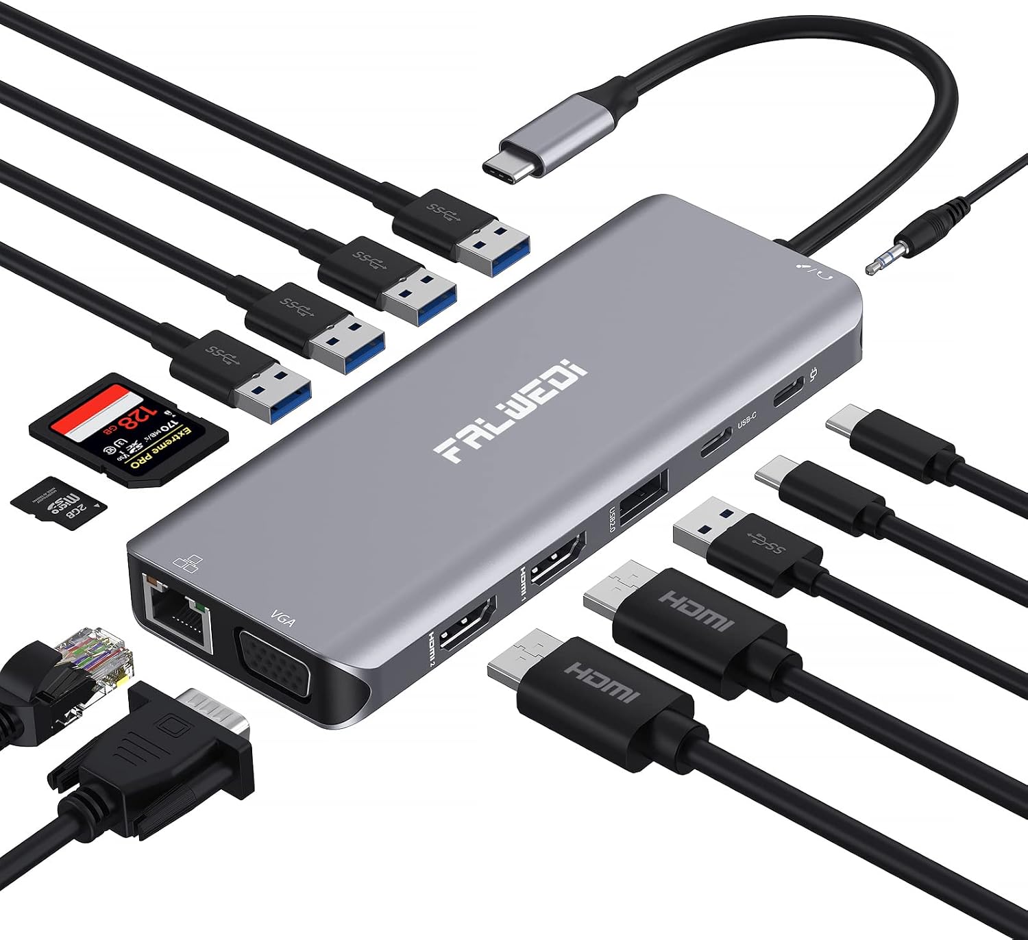 USB C Docking Station 14-in-1, 3 Monitors Dual HDMI VGA, PD Ethernet SD/TF