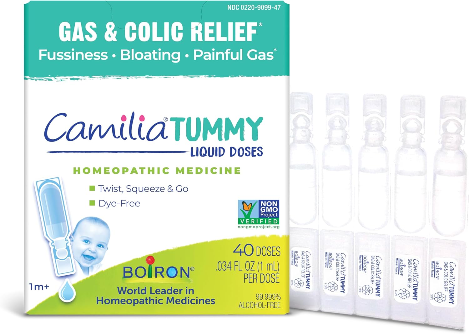 Boiron Camilia Tummy Drops - 40 Count for Colic, Painful Gas, Bloating, & Fussiness - Sterile and Non-Drowsy Liquid Doses