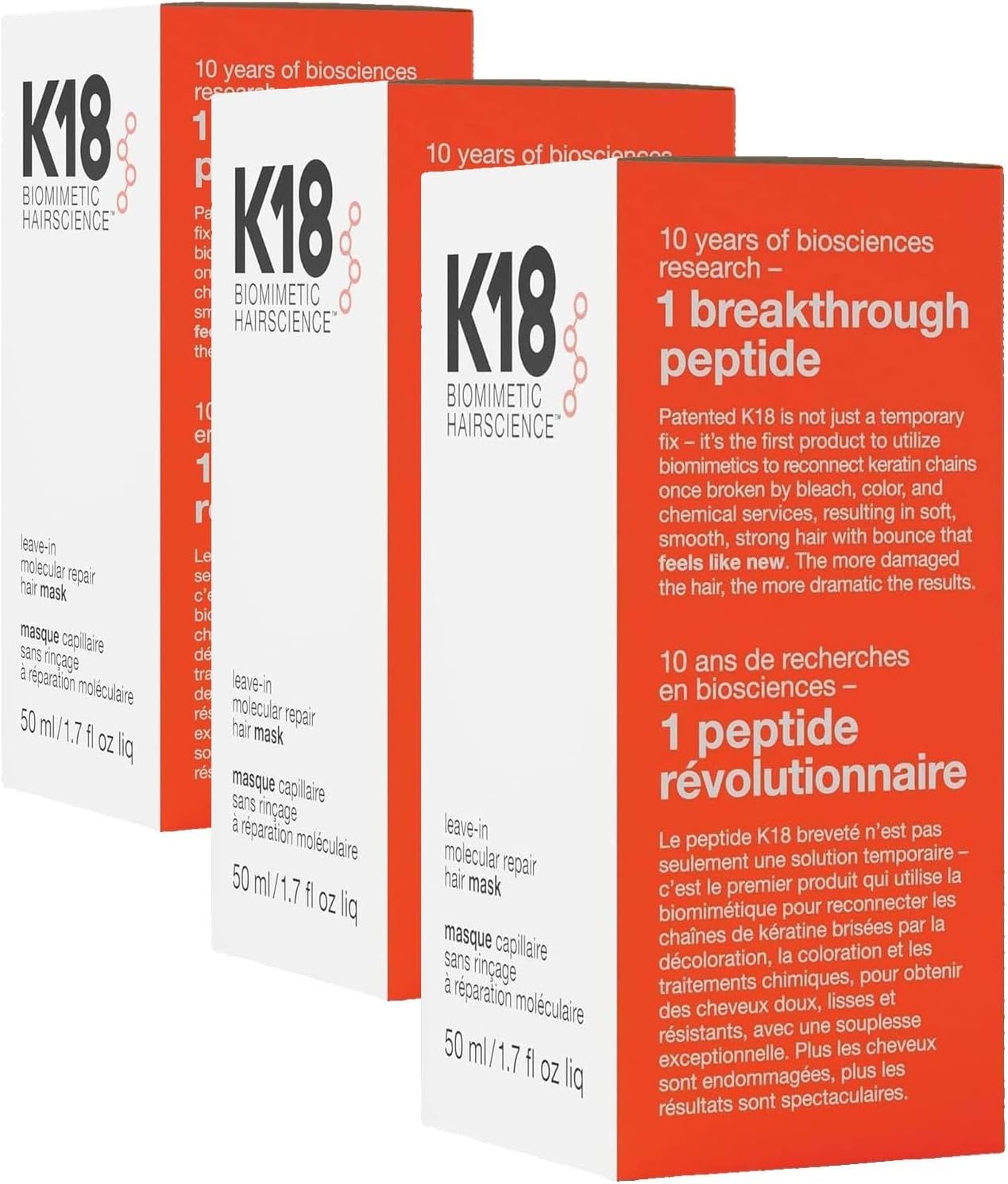 K18 Leave-In Molecular Hair Mask, Repairs Dry or Damaged Hair, Reverse Hair Damage from Bleach, Colour, Chemical Services & Heat