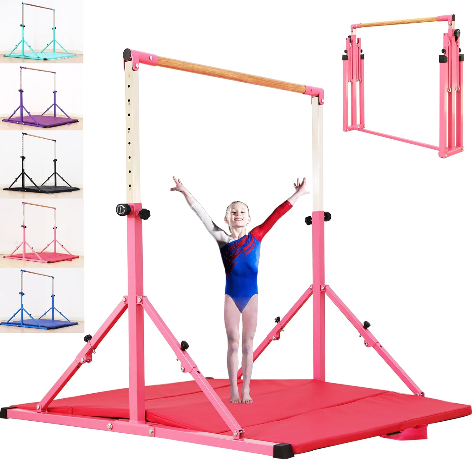 Marfual 5 Ft Fold Gymnastic Bar Kip Bar with 4 Ft Inner Width 5 ft Adjust Height Gymnastic Equipment for Kids and Girl and Teenage Home and Club Use