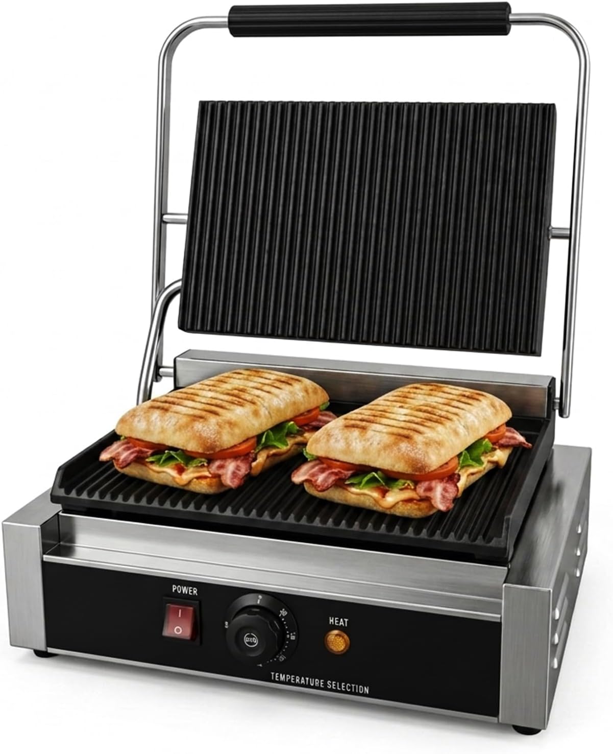 Commercial Panini Press Grill, Sandwich Maker with Adjustable Temperature | 2200W Professional Panini Press, Non-Stick Contact Grill, Easy-Clean, for Sandwiches, Steak & Panini, for Restaurant & Hotel
