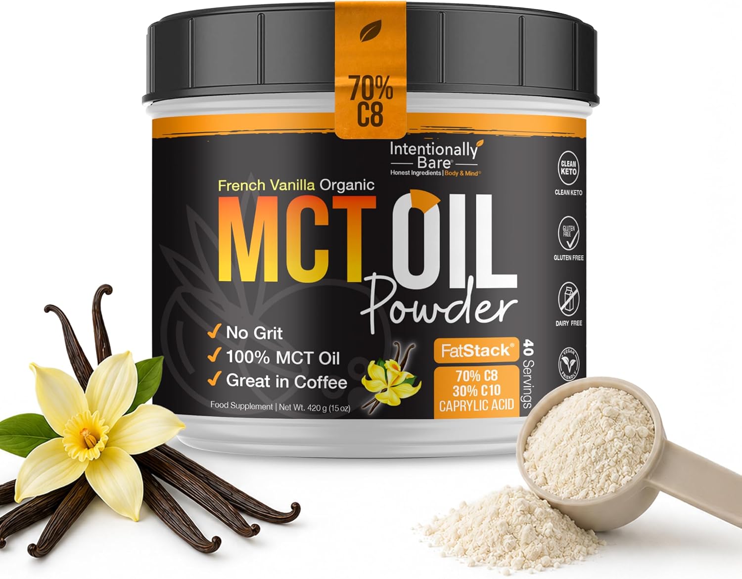 Intentionally Bare MCT Oil Powder - French Vanilla – Zero net Carbs 15oz