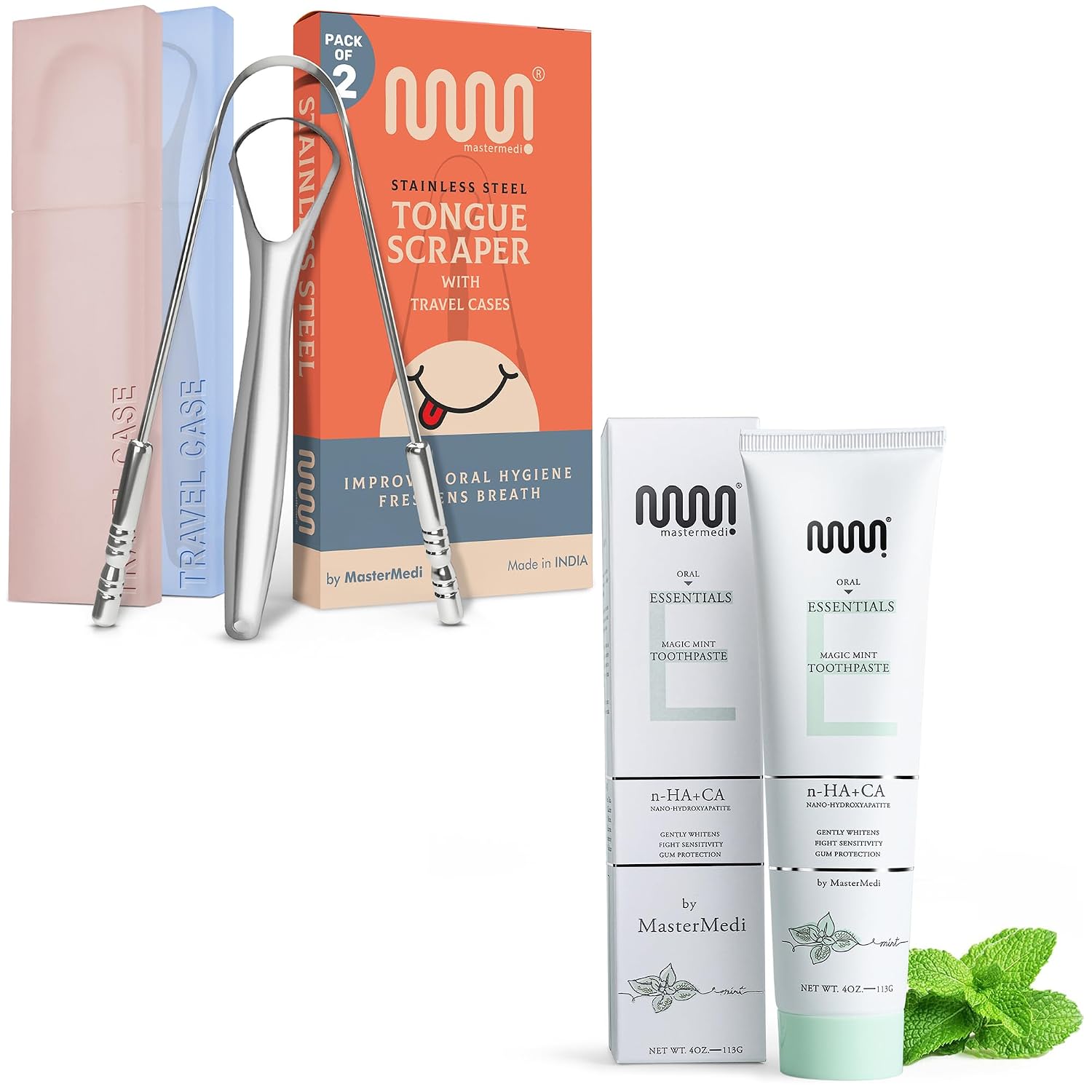 Tongue Scraper with Multicolor Cases (2 Pack) and MasterMedi Nano Hydroxyapatite Toothpaste
