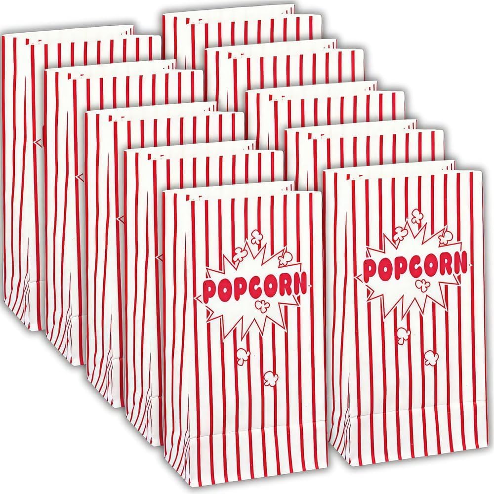 Festive Red & White Popcorn Party Paper Bags (30cm x 12cm) Pack of 10 - Ideal for Parties & Events