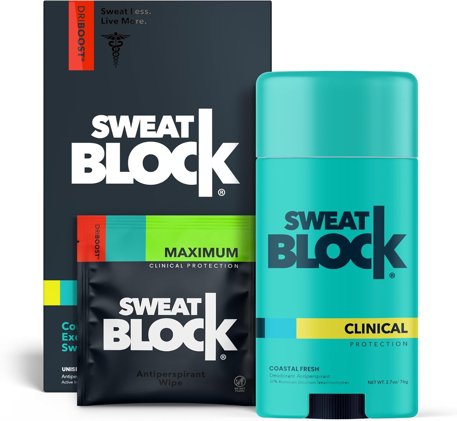SweatBlock Antiperspirant Deodorant Max Clinical System for Men & Women. Treat Hyperhidrosis, Excessive Sweating & Underarm Odor - DRIBOOST [PM] Antiperspirant Wipes + [AM] Daily Deodorant Stick